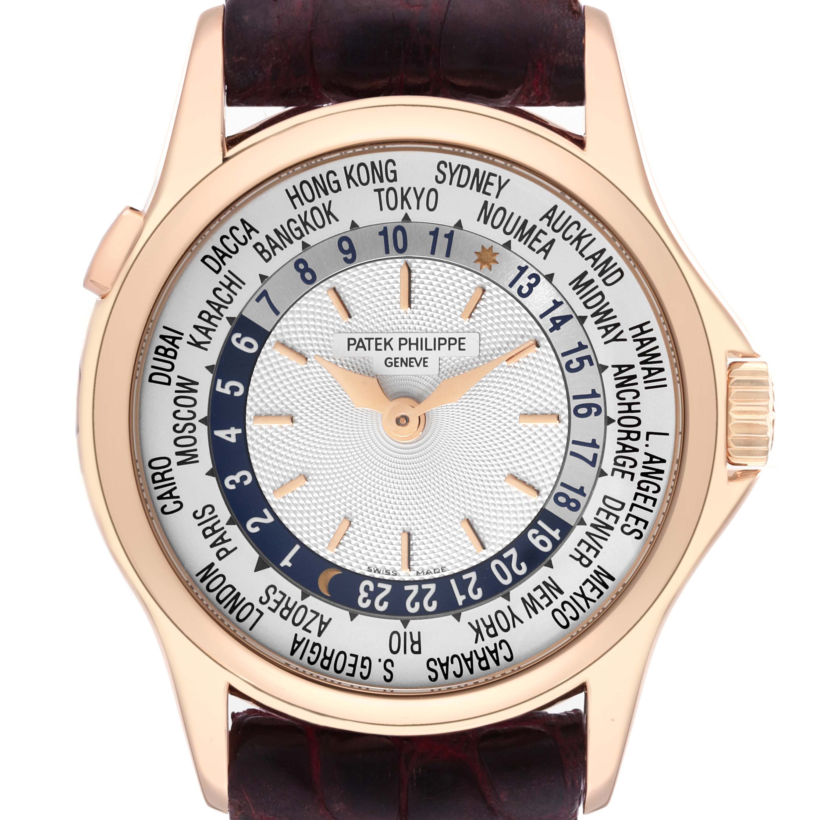 This image shows a front view of the Patek Philippe Complications 5110R-001 Men
s Rose Gold Silver Dial 5110R-001 Men
s Rose Gold Silver Dial watch, displaying the dial, hands, and bezel with world time cities.