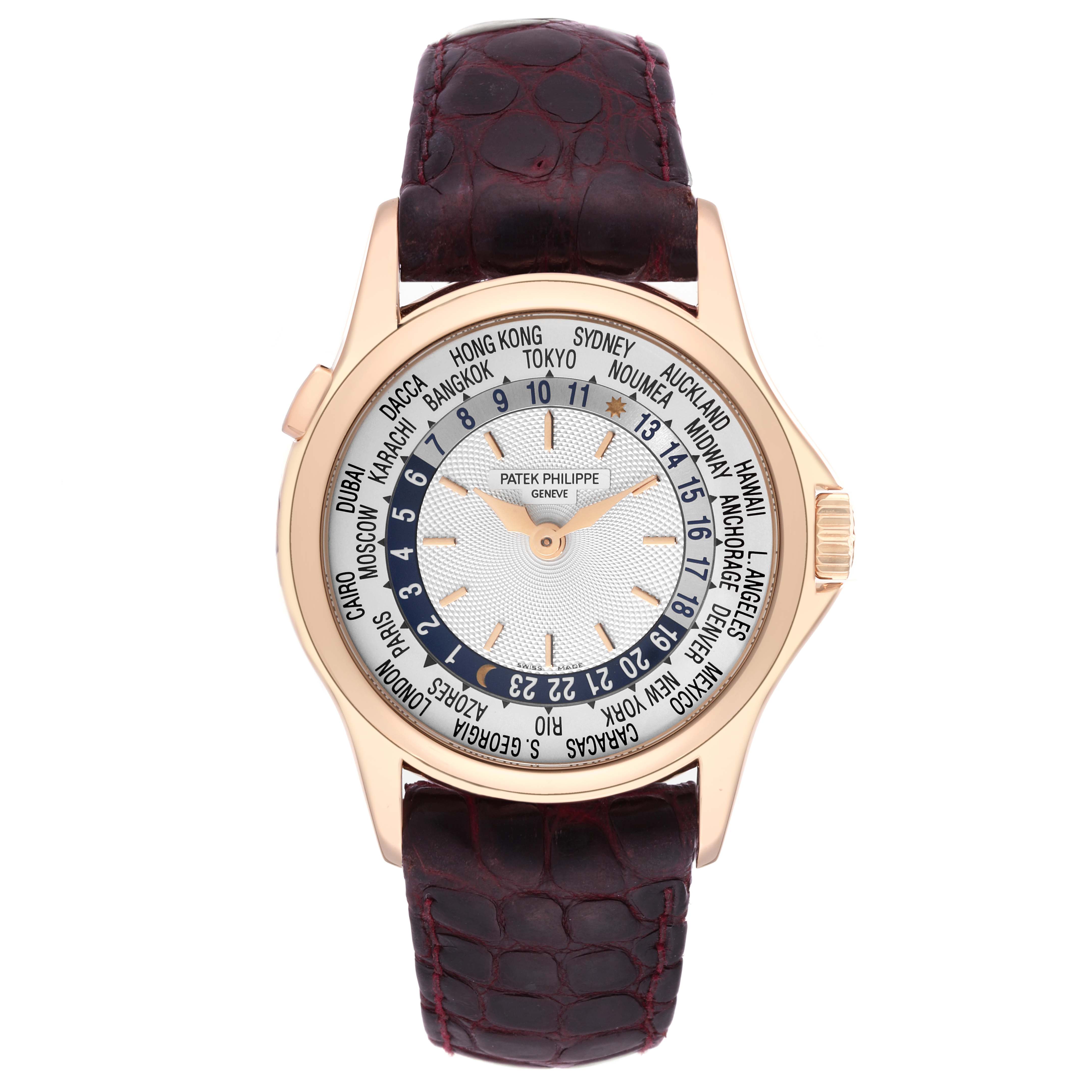 The image shows a full front view of the Patek Philippe Complications 5110R-001 Men
s Rose Gold Silver Dial 5110R-001 Men
s Rose Gold Silver Dial model watch, with its face, case, and strap visible.
