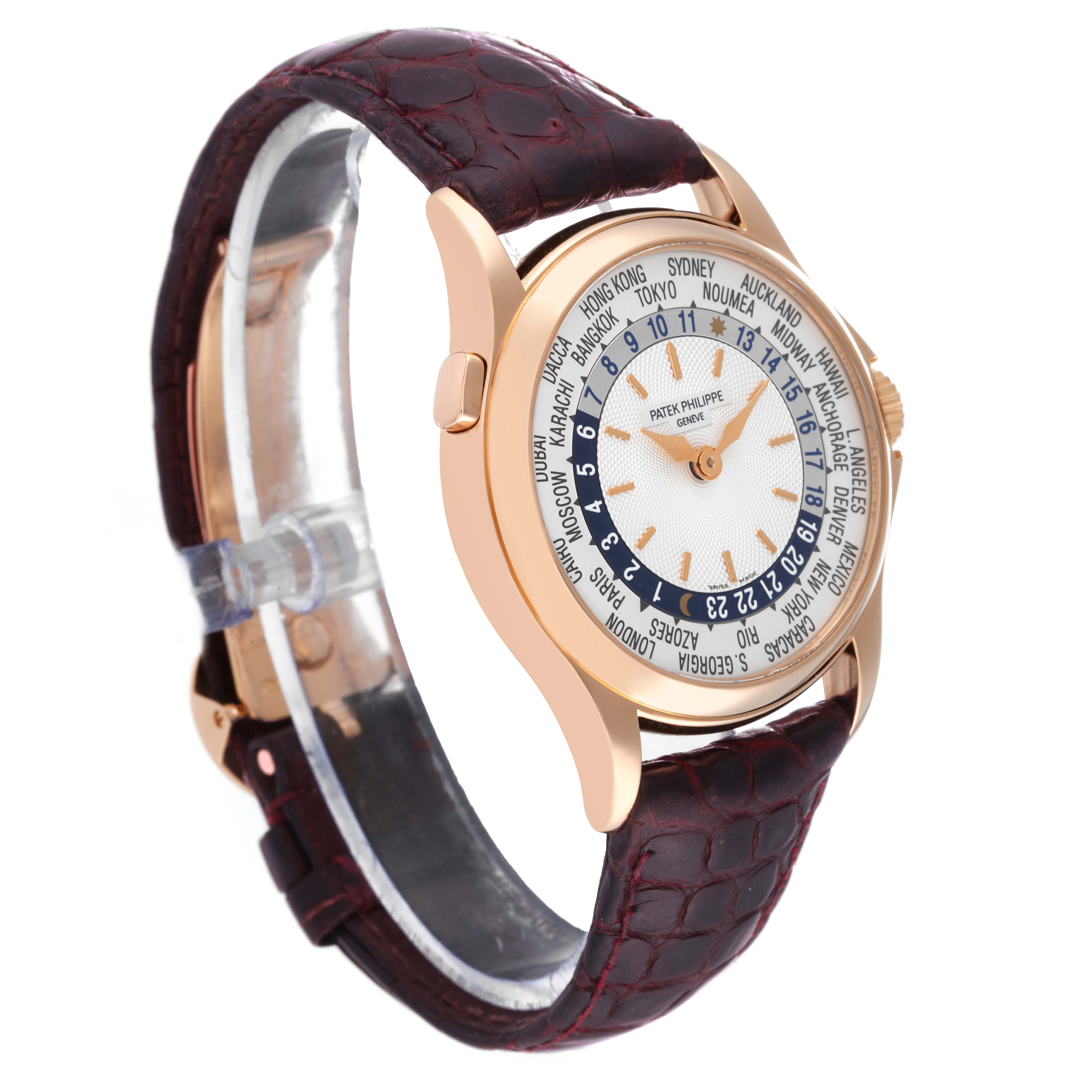 The image shows a side angle of the Patek Philippe Complications 5110R-001 Men
s Rose Gold Silver Dial 5110R-001 Men
s Rose Gold Silver Dial watch, highlighting its dial, bezel, crown, and leather strap.