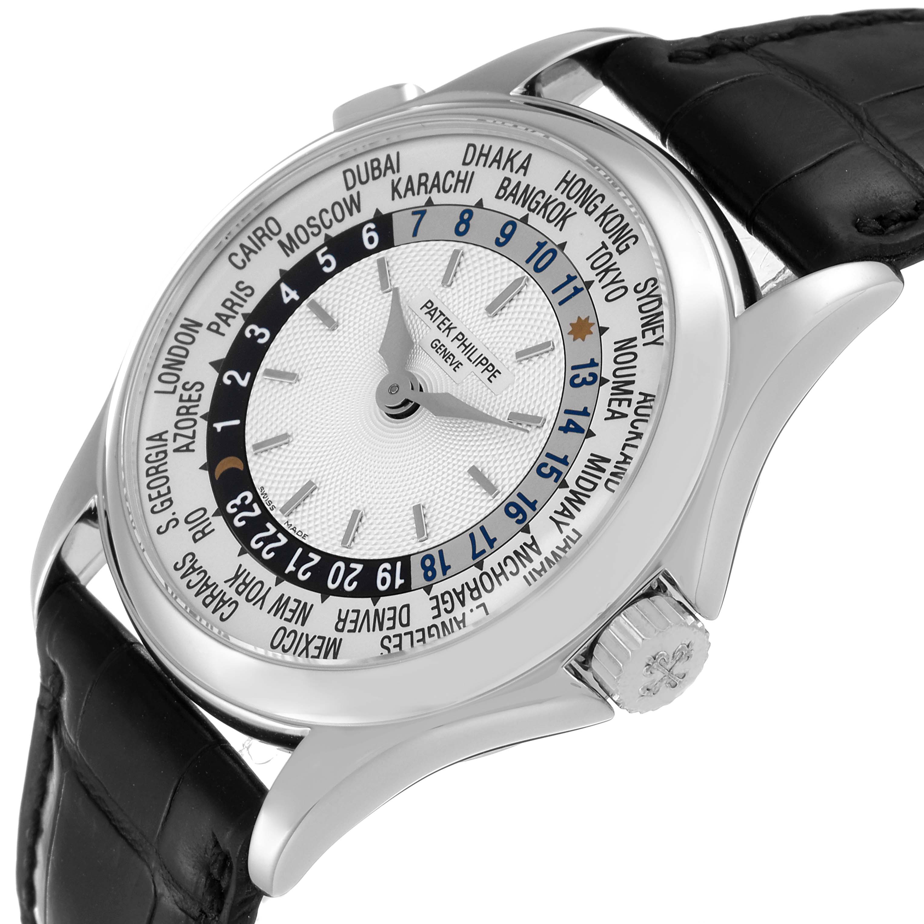This Patek Philippe Complications 5110G Men
s White Gold Silver Dial 5110G Men
s White Gold Silver Dial model watch is shown at an angle displaying the face, bezel, crown, and part of the strap.