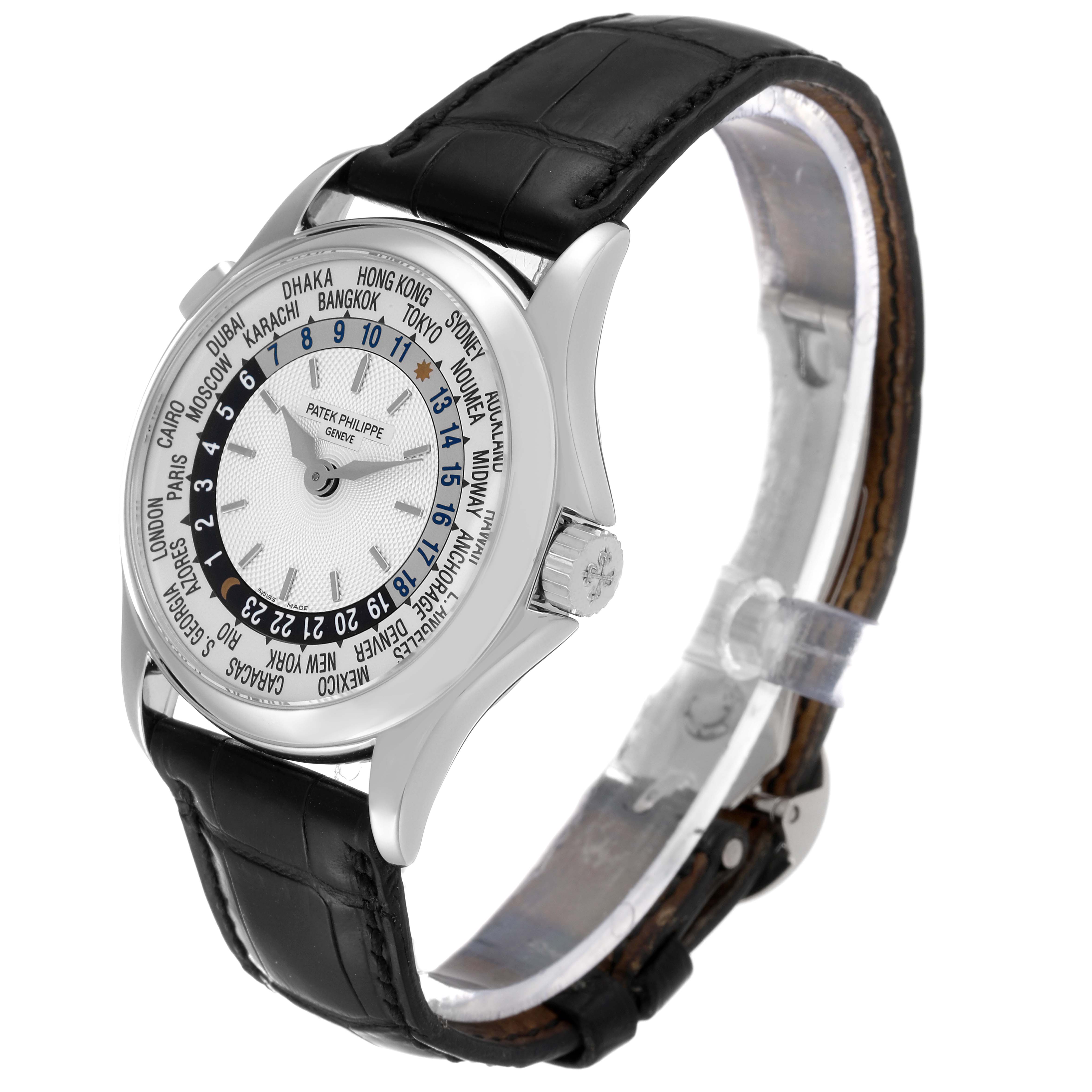 The image shows the front and side view of a Patek Philippe Complications 5110G Men
s White Gold Silver Dial 5110G Men
s White Gold Silver Dial model with a visible black leather strap.