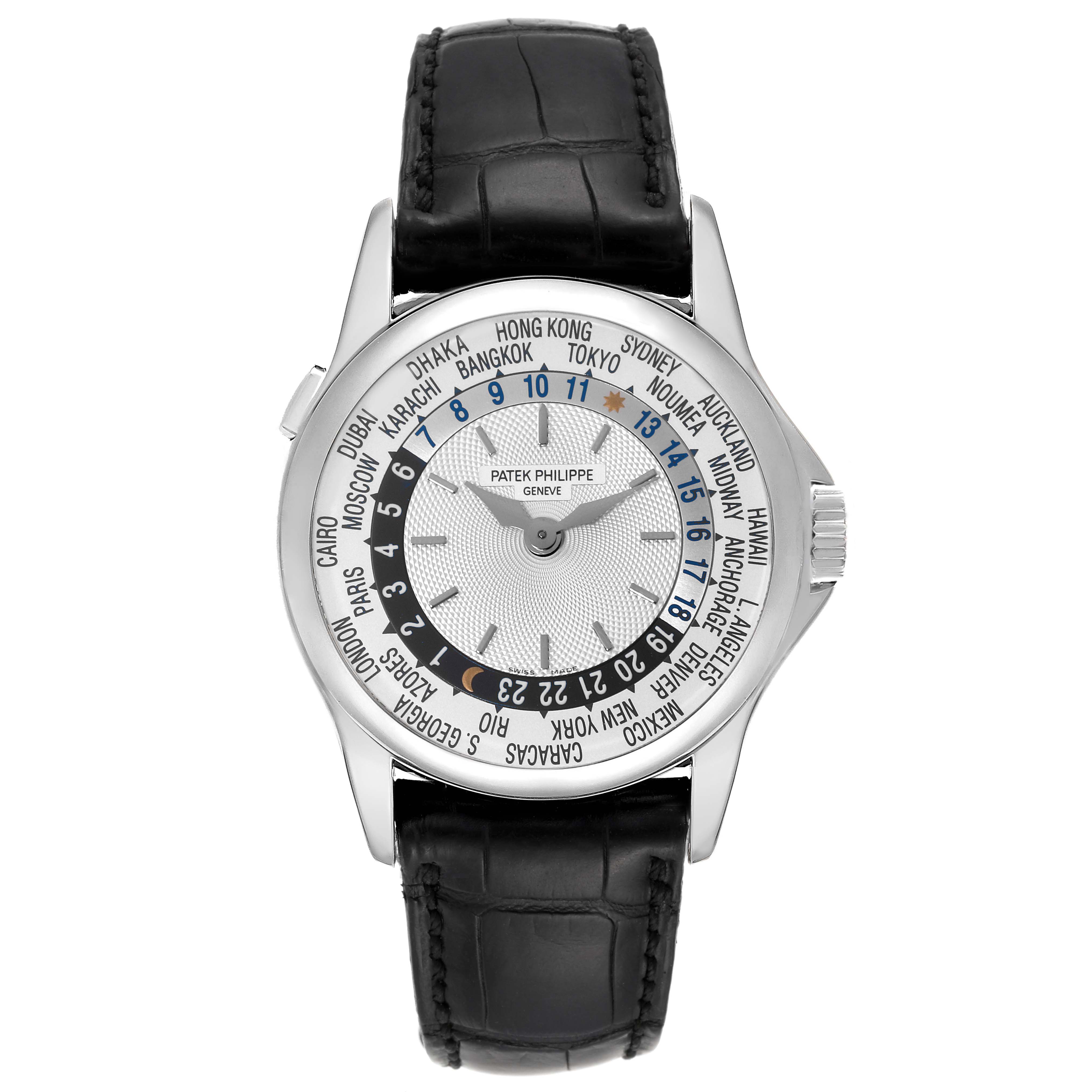 The image shows a front view of the Patek Philippe Complications 5110G Men
s White Gold Silver Dial 5110G Men
s White Gold Silver Dial model watch, displaying the full dial and strap.