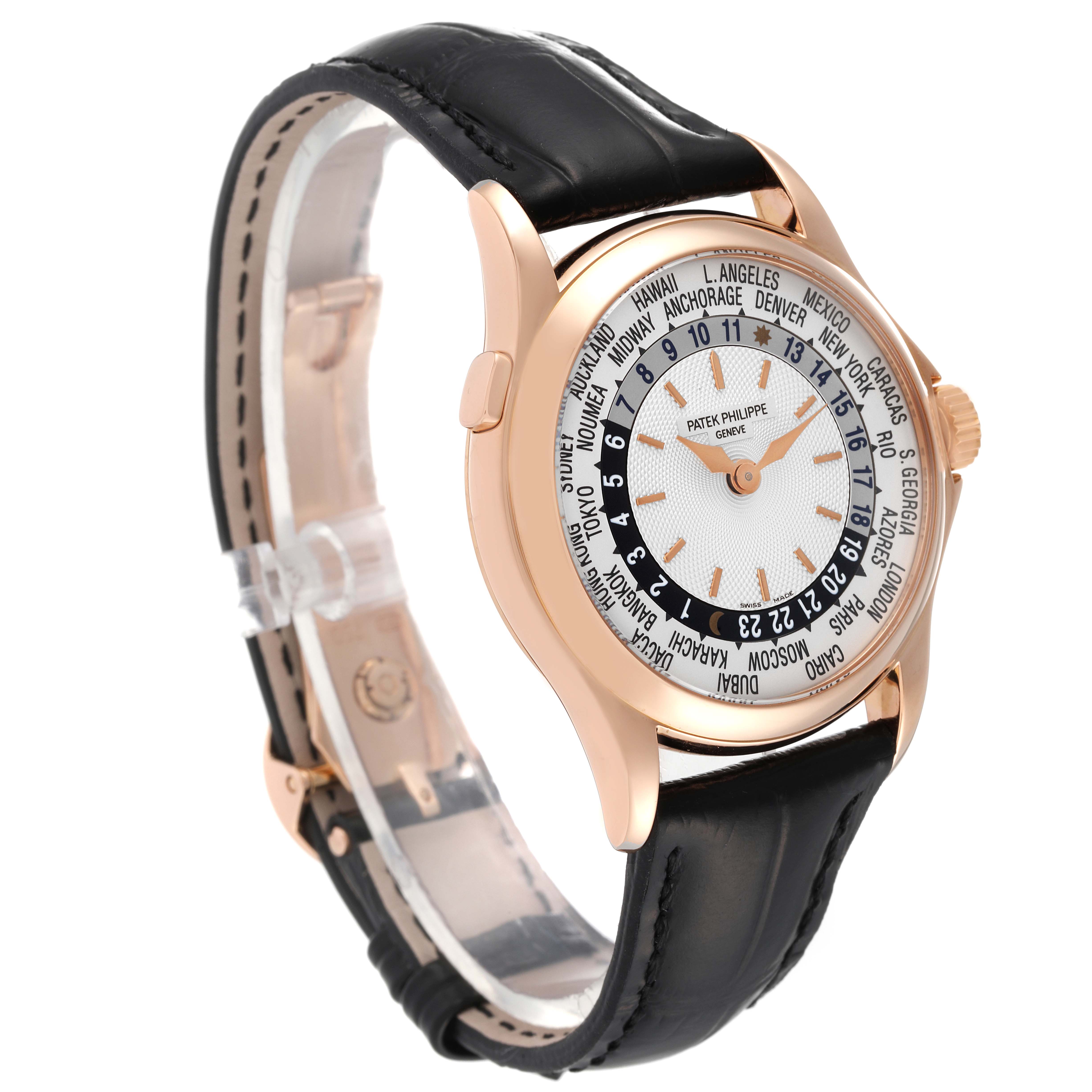 The image shows a Patek Philippe Complications 5110R Men's Yellow Gold Silver Dial 5110R Men's Yellow Gold Silver Dial model watch at a three-quarter angle, highlighting its face, case, and black leather strap.