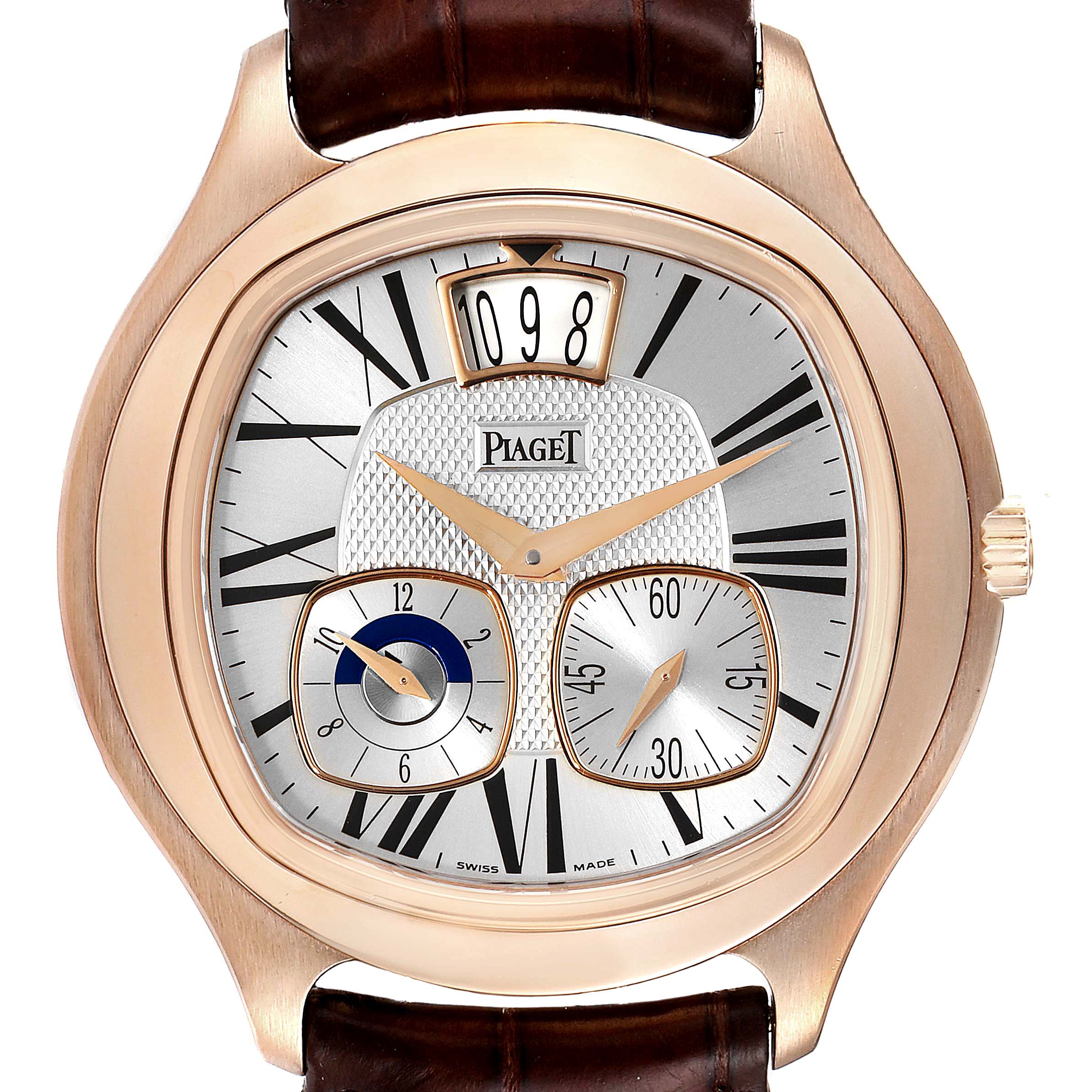 This image shows a front view of the Piaget G0A32017 Men's Rose Gold Silver Dial G0A32017 Men's Rose Gold Silver Dial Emperador 18k Rose Gold Silver Dial with Brown Strap, model P10350 G0A32017.