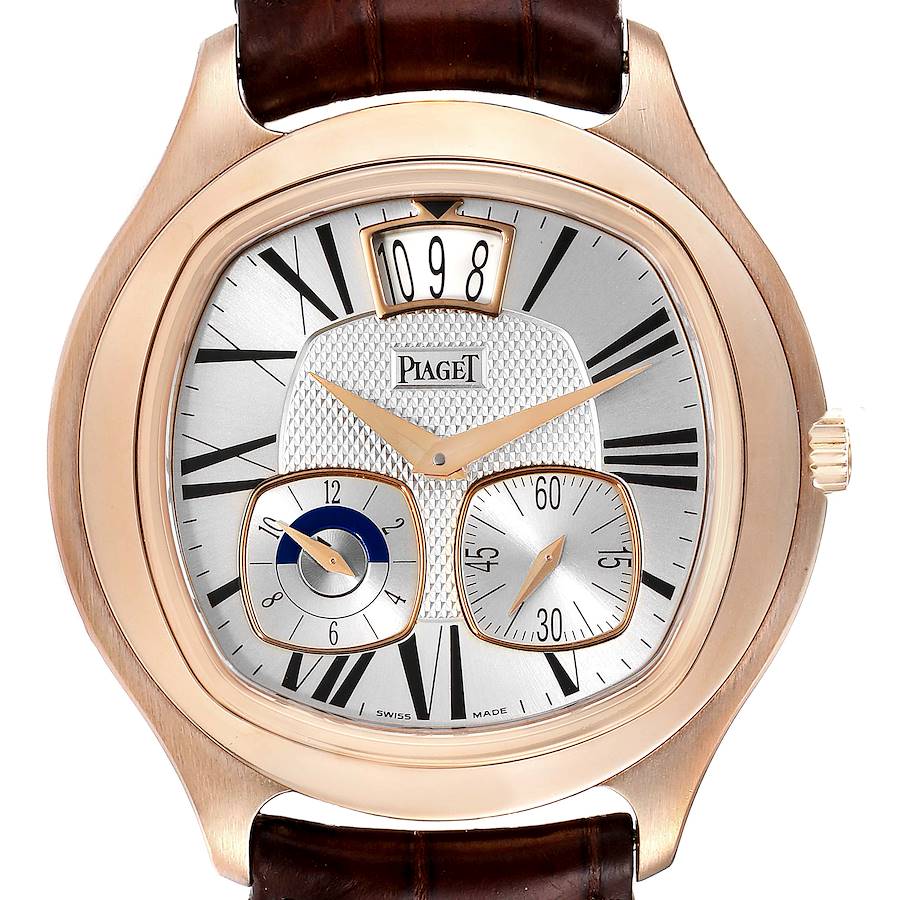 Piaget Emperador 18k Rose Gold Silver Dial Brown Strap Mens Watch