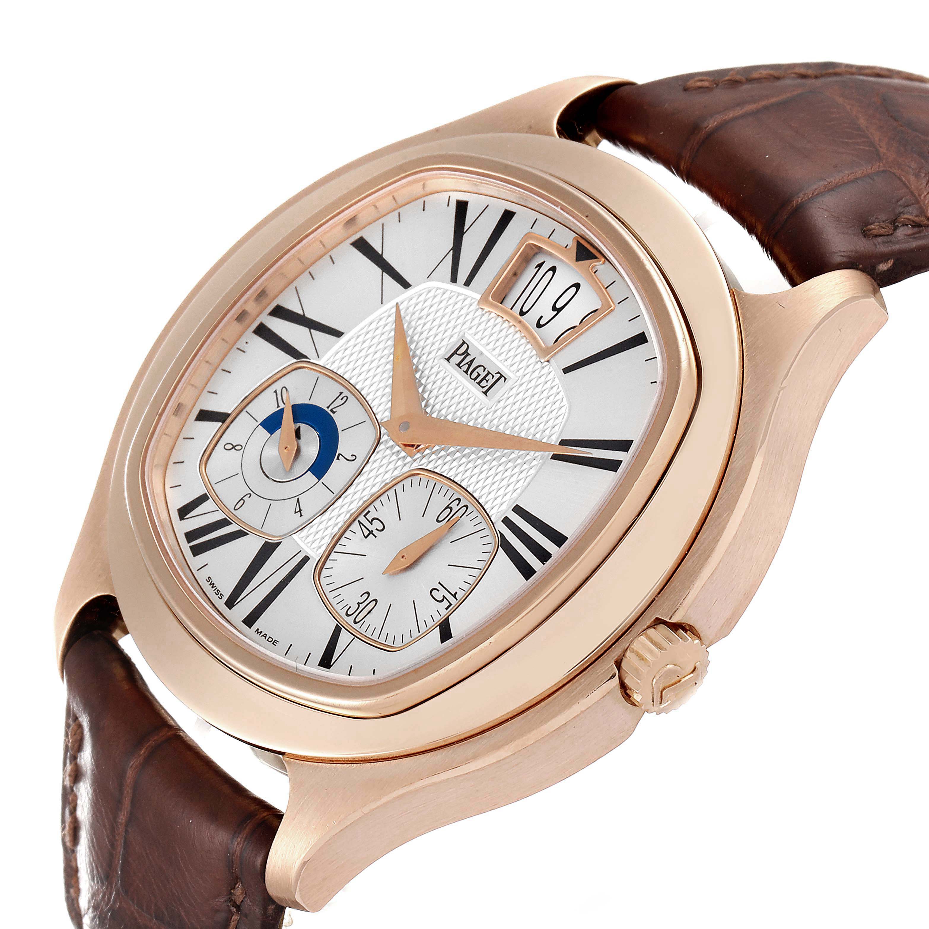 The Piaget G0A32017 Men's Rose Gold Silver Dial G0A32017 Men's Rose Gold Silver Dial Emperador P10350 G0A32017 watch is shown at an angle, highlighting the 18k rose gold case, silver dial, and brown strap.