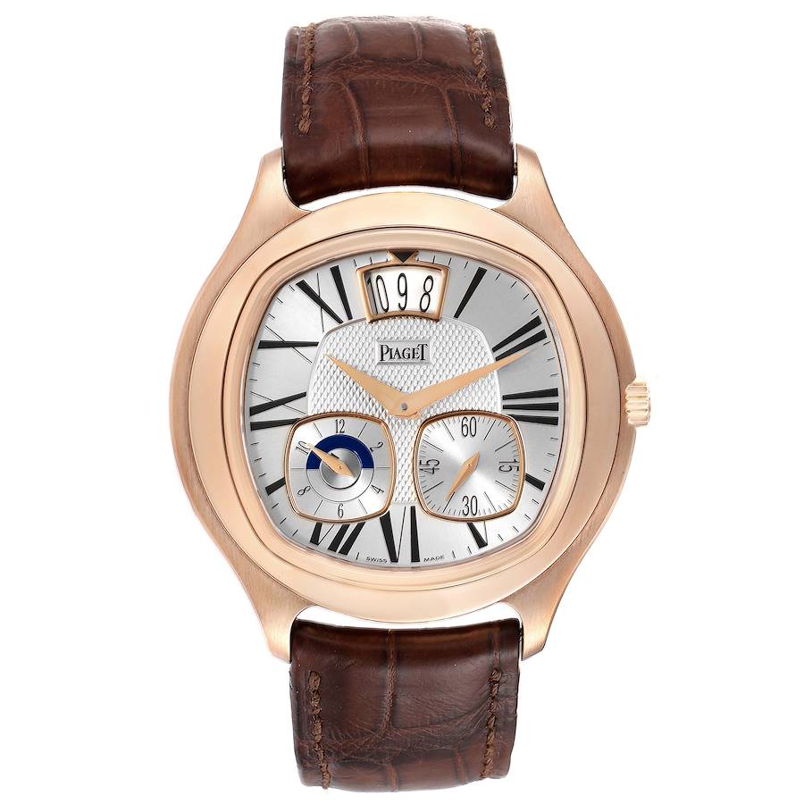 Piaget Emperador 18k Rose Gold Silver Dial Brown Strap Mens Watch P10350 G0A32017 SwissWatchExpo