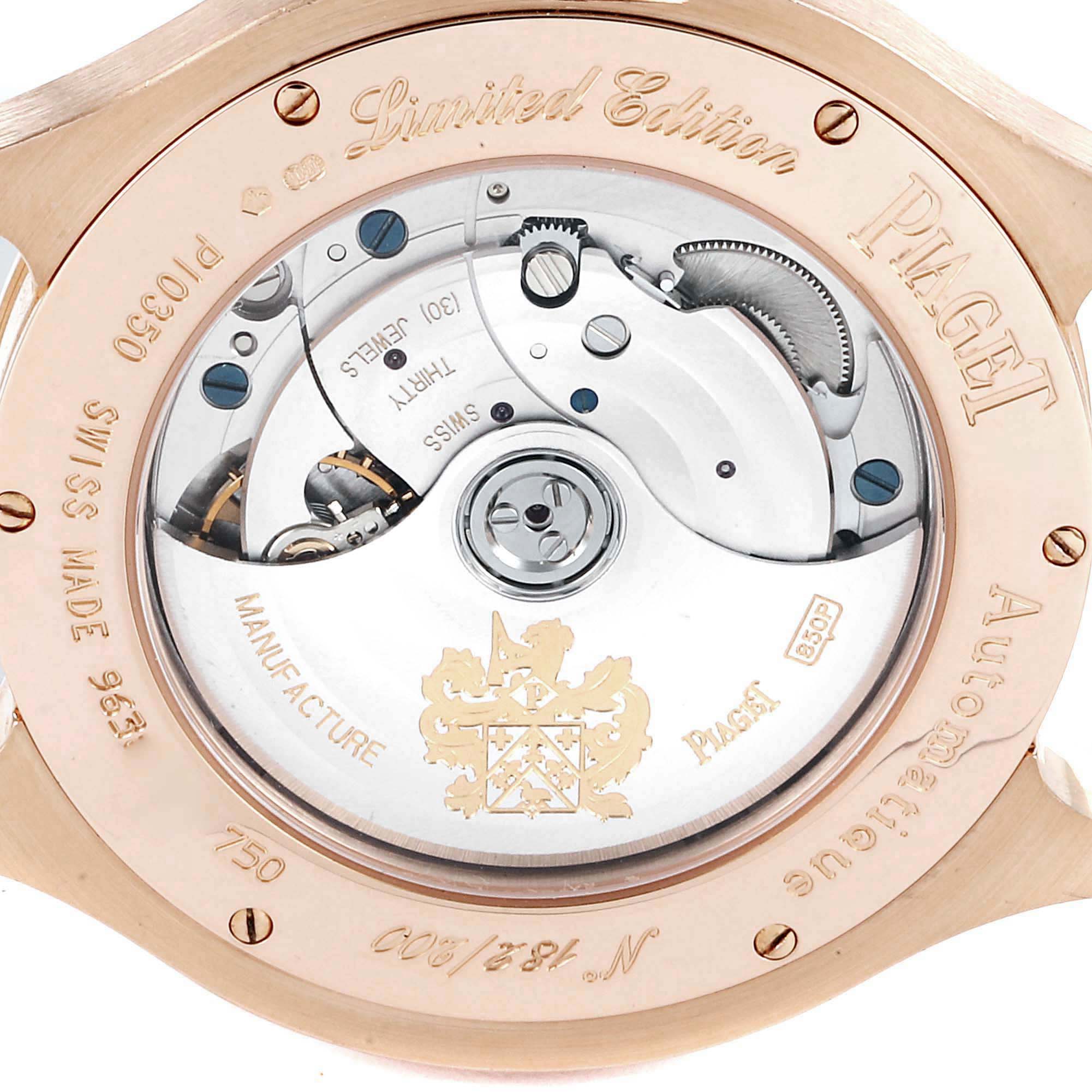 The image shows the back view of the Piaget G0A32017 Men's Rose Gold Silver Dial G0A32017 Men's Rose Gold Silver Dial Emperador 18k Rose Gold Silver Dial Brown Strap Mens Watch P10350 G0A32017, showcasing its movement.