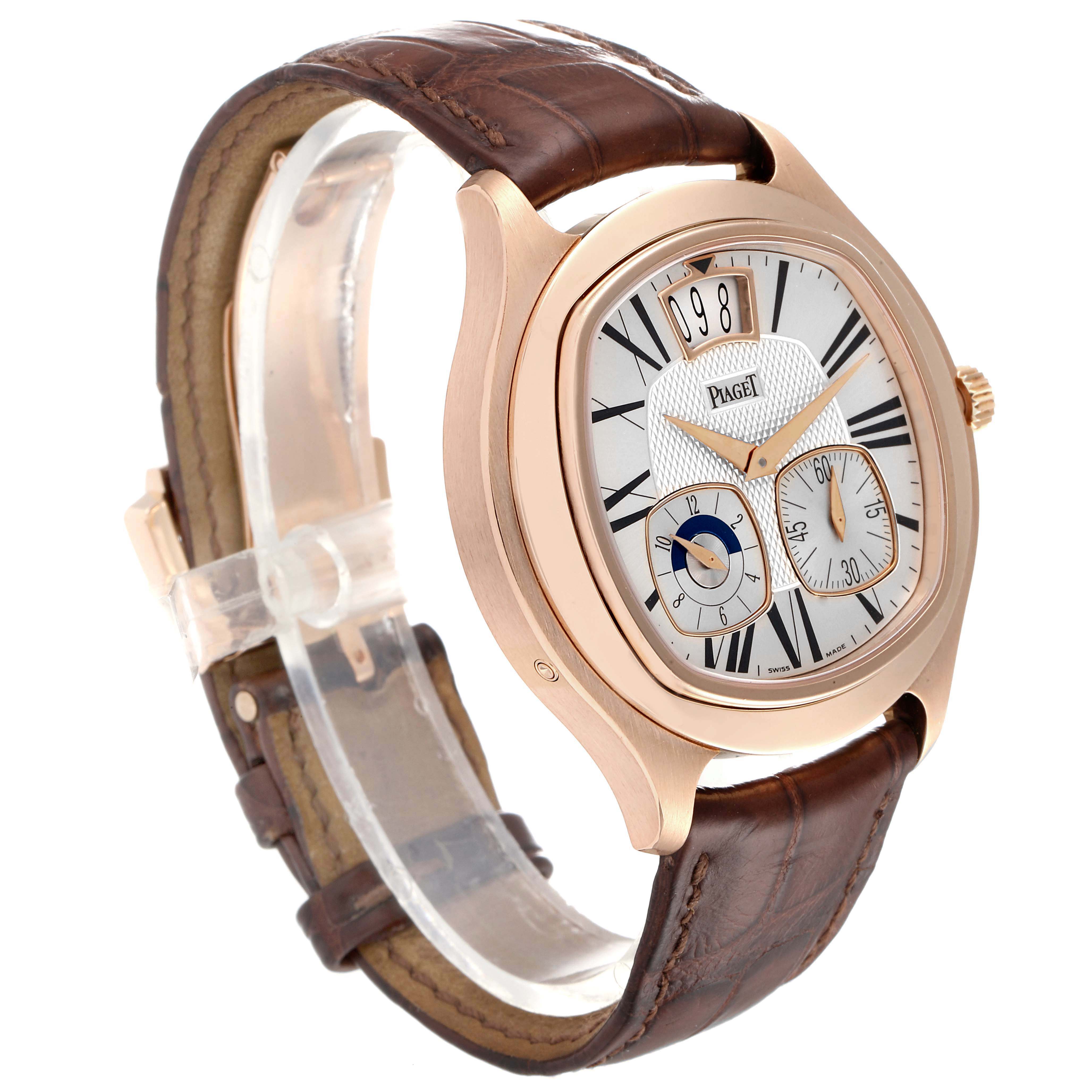 Piaget Emperador 18k Rose Gold Silver Dial Brown Strap Mens Watch ...