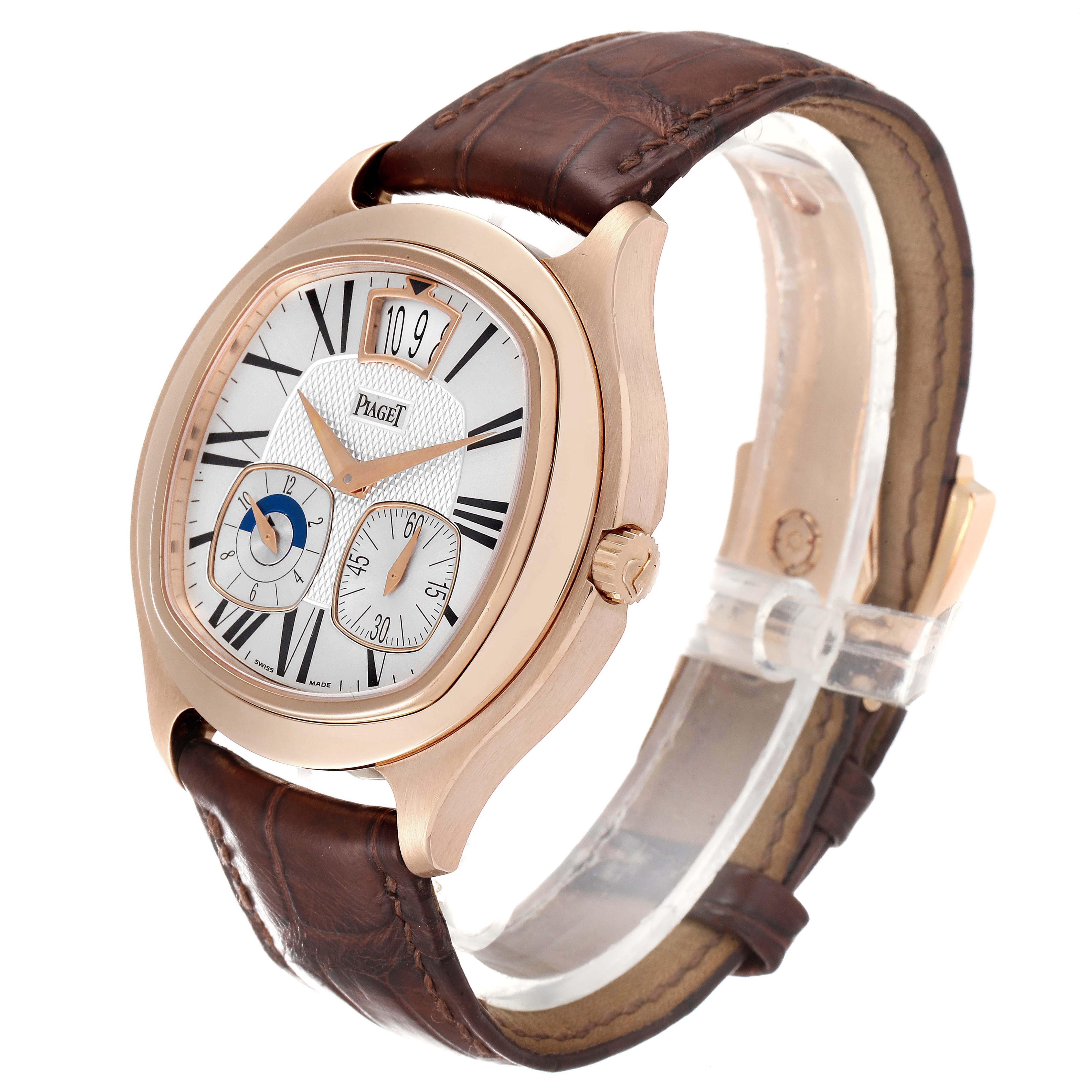 The Piaget G0A32017 Men's Rose Gold Silver Dial G0A32017 Men's Rose Gold Silver Dial Emperador P10350 G0A32017 watch is shown at a three-quarter angle, highlighting its 18k rose gold case, silver dial, and brown strap.