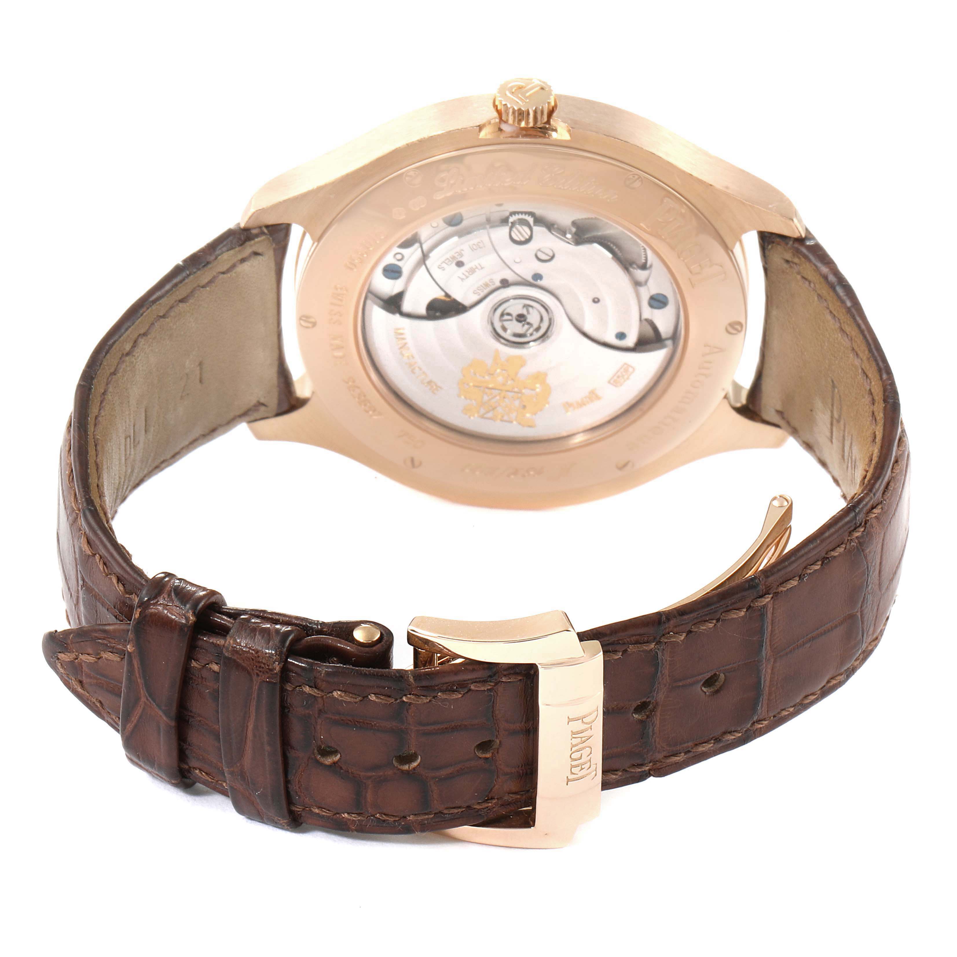 This is the back view of the Piaget G0A32017 Men's Rose Gold Silver Dial G0A32017 Men's Rose Gold Silver Dial Emperador 18k Rose Gold Silver Dial Brown Strap Mens Watch model P10350 G0A32017.