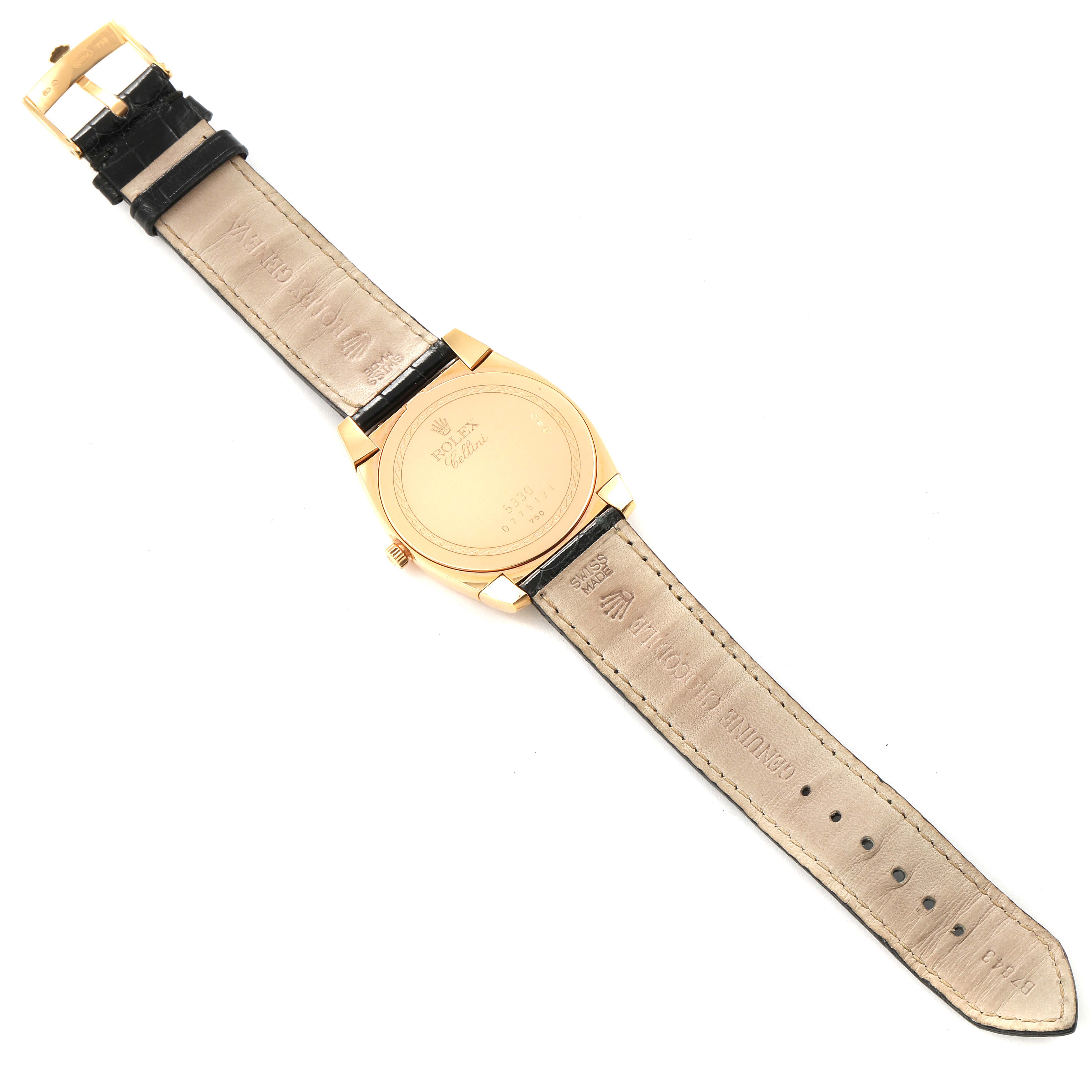 The image shows the back view and straps of a Rolex Cellini 5330 Men's Rose Gold White Dial 5330 Men's Rose Gold White Dial watch laid flat.