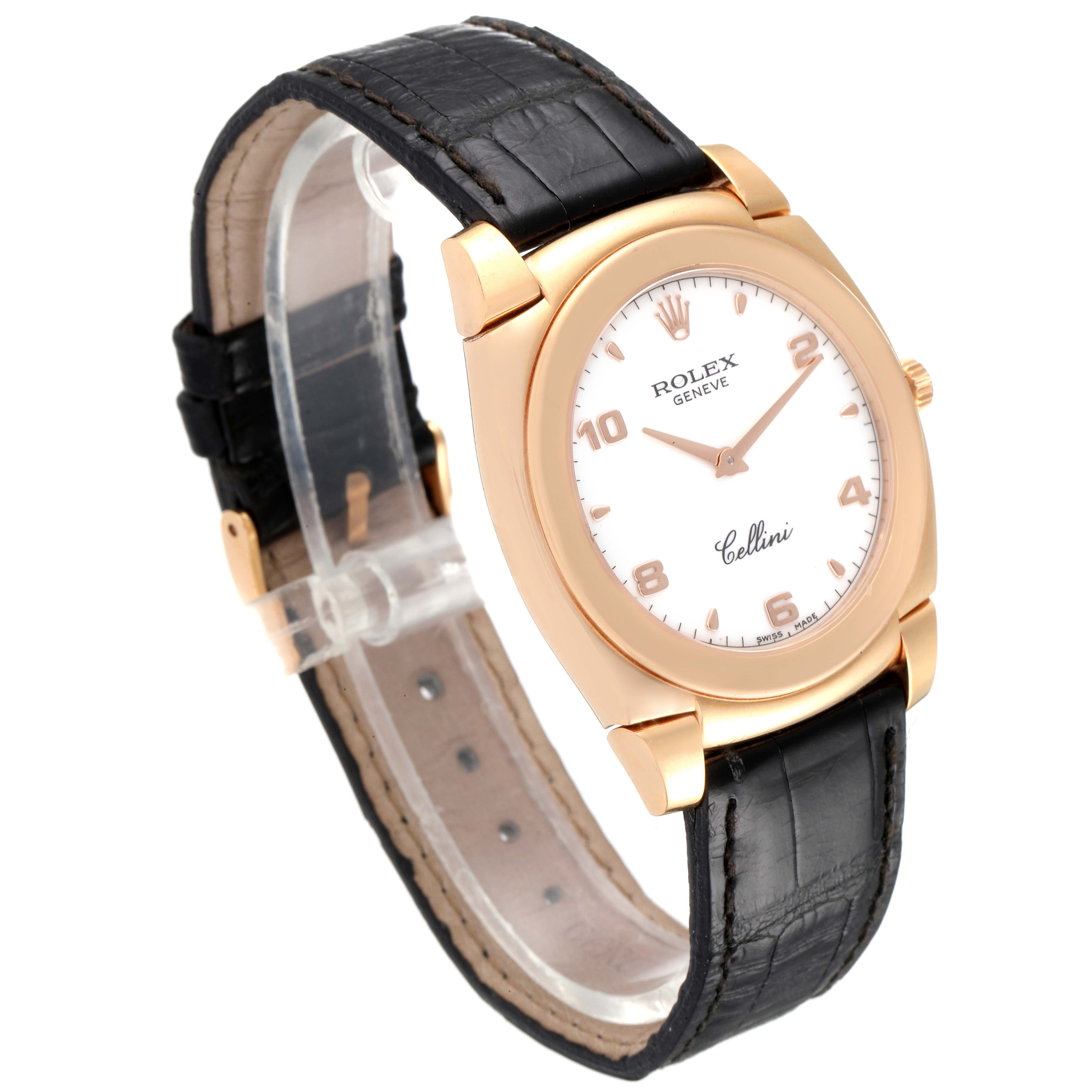 This image shows a Rolex Cellini 5330 Men's Rose Gold White Dial 5330 Men's Rose Gold White Dial watch at a three-quarter angle, highlighting the watch face, case, and leather strap.