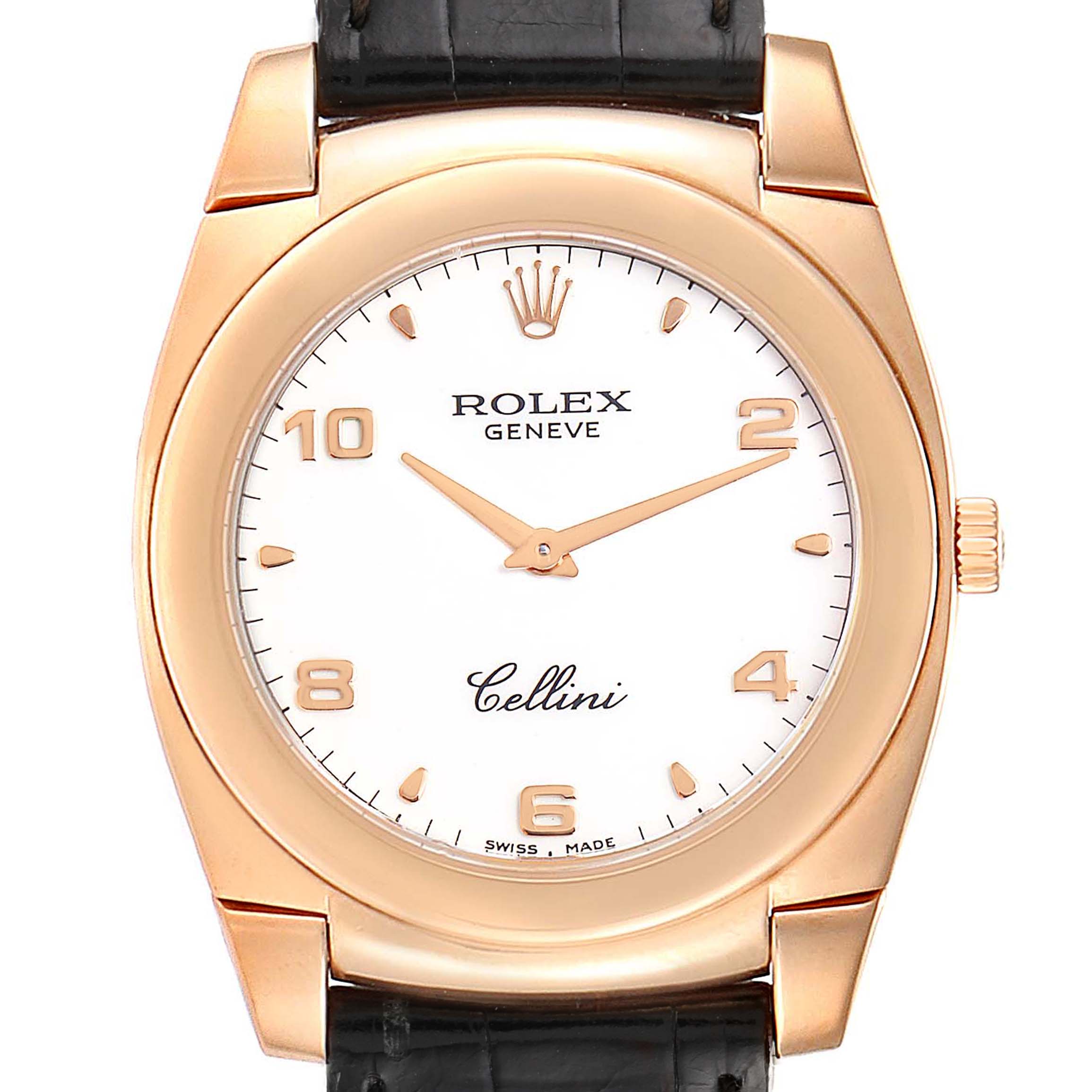 This image shows a front view of the Rolex Cellini 5330 Men's Rose Gold White Dial 5330 Men's Rose Gold White Dial watch, displaying its face, case, crown, and part of the strap.