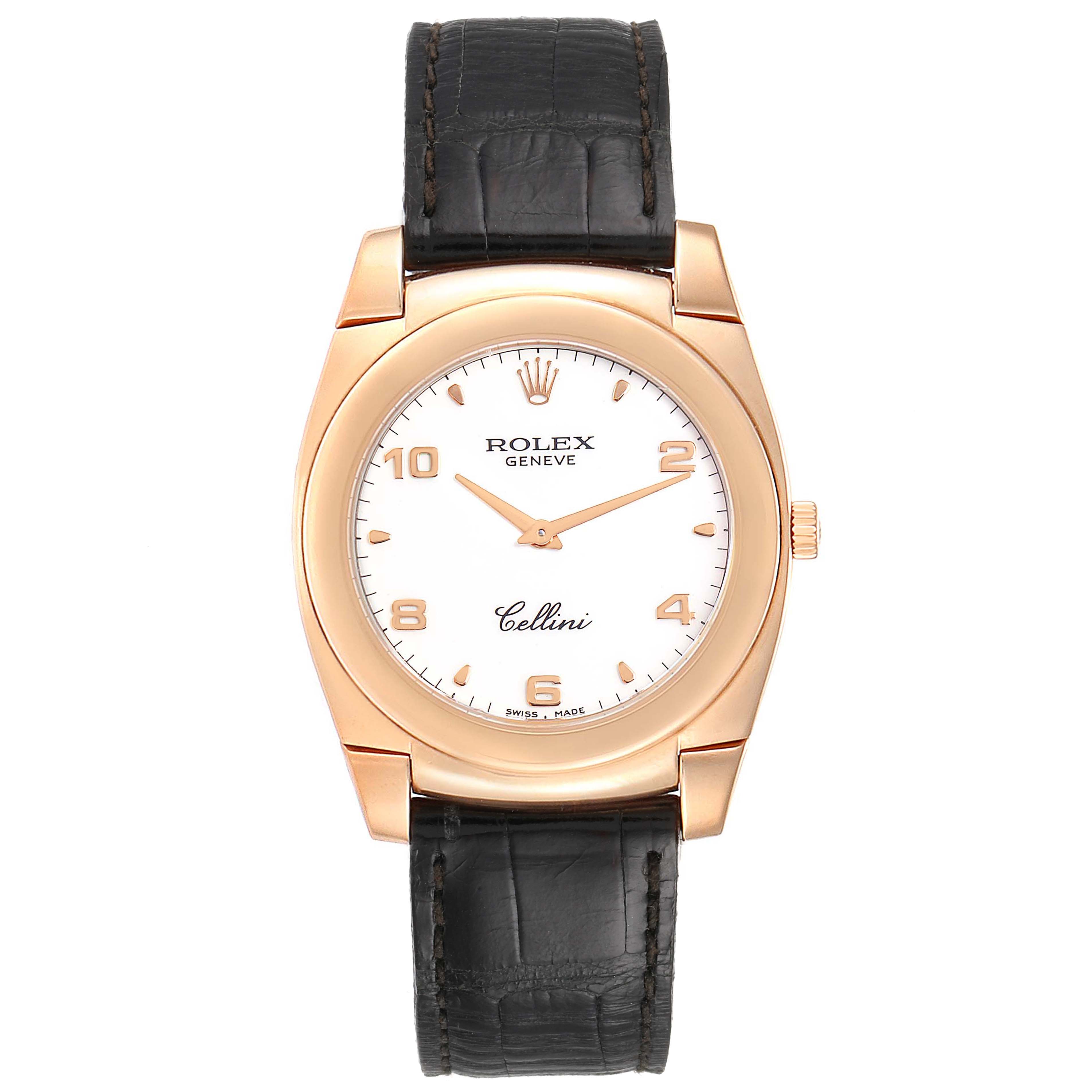 This image shows a front view of a Rolex Cellini 5330 Men's Rose Gold White Dial 5330 Men's Rose Gold White Dial watch, displaying its face, bezel, case, crown, and leather strap.