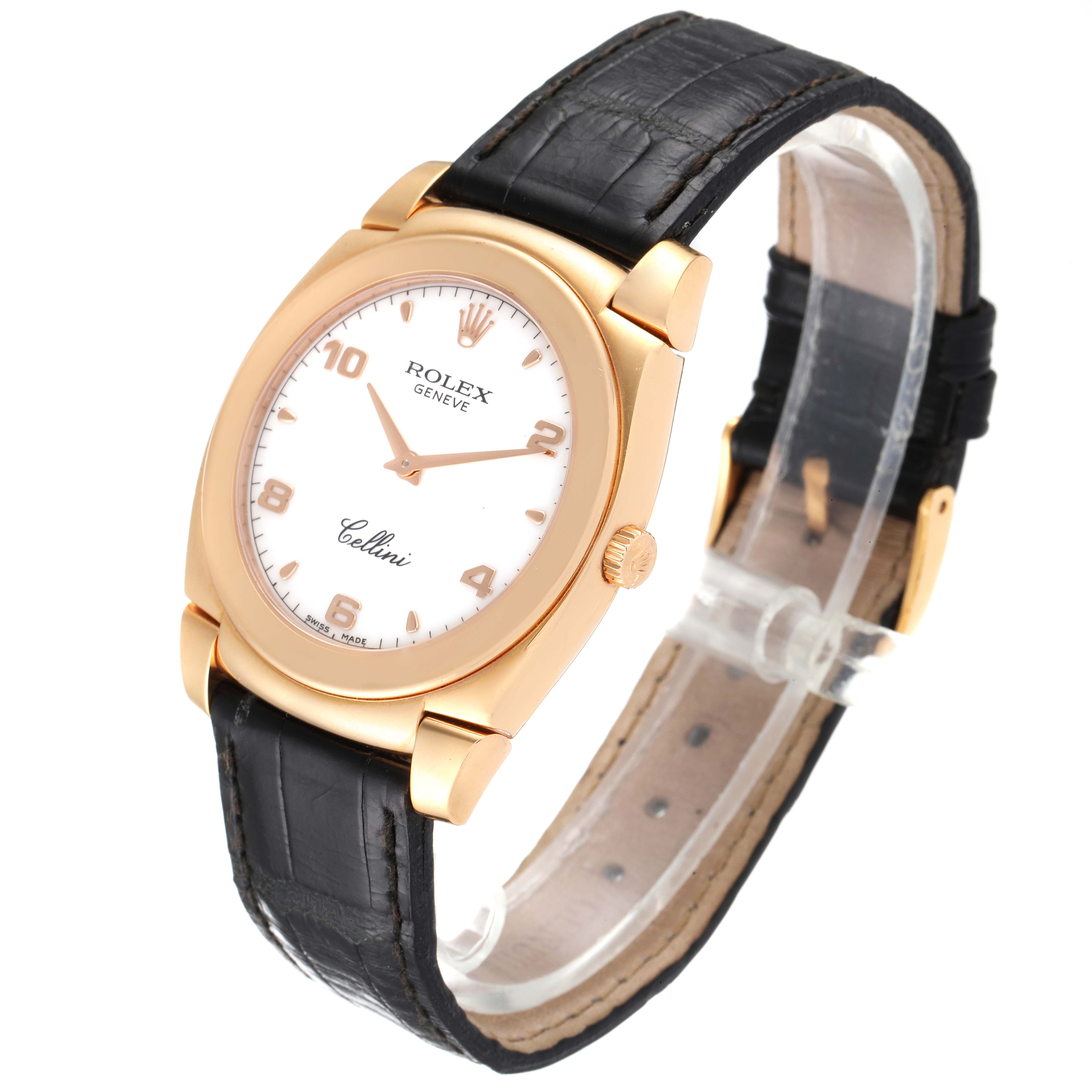 The Rolex Cellini 5330 Men's Rose Gold White Dial 5330 Men's Rose Gold White Dial watch is shown at a three-quarter angle, displaying its face, crown, and leather strap.