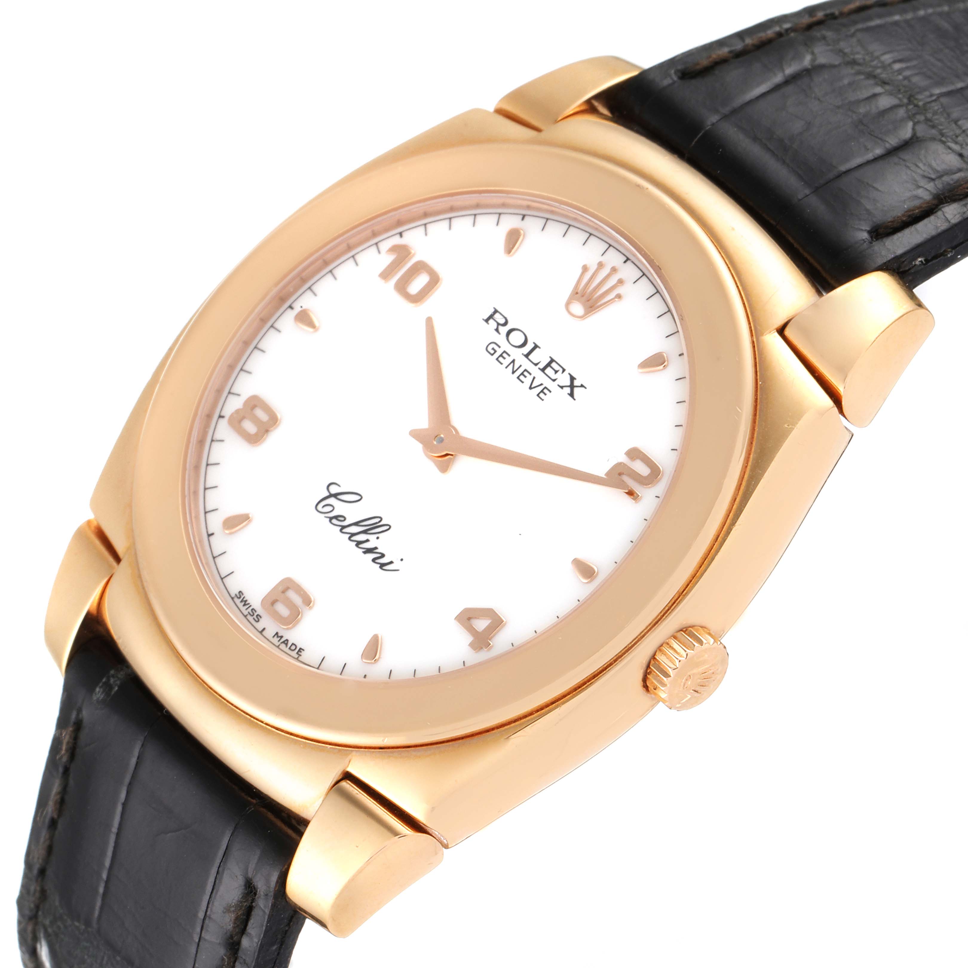 This image shows a close-up angle of a Rolex Cellini 5330 Men's Rose Gold White Dial 5330 Men's Rose Gold White Dial watch, highlighting the face, crown, case, and part of the strap.