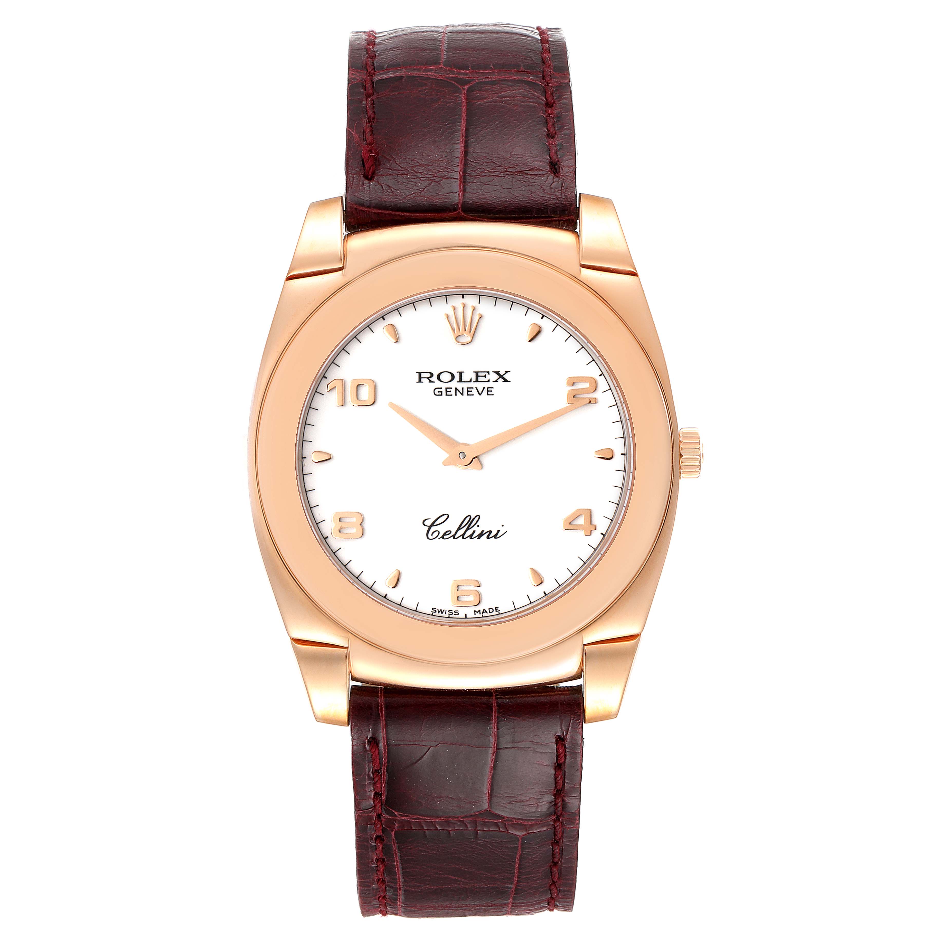 The Rolex Cellini 5330 Men's Rose Gold White Dial 5330 Men's Rose Gold White Dial watch is shown from a front angle, featuring its dial, rose gold case, and brown leather strap.