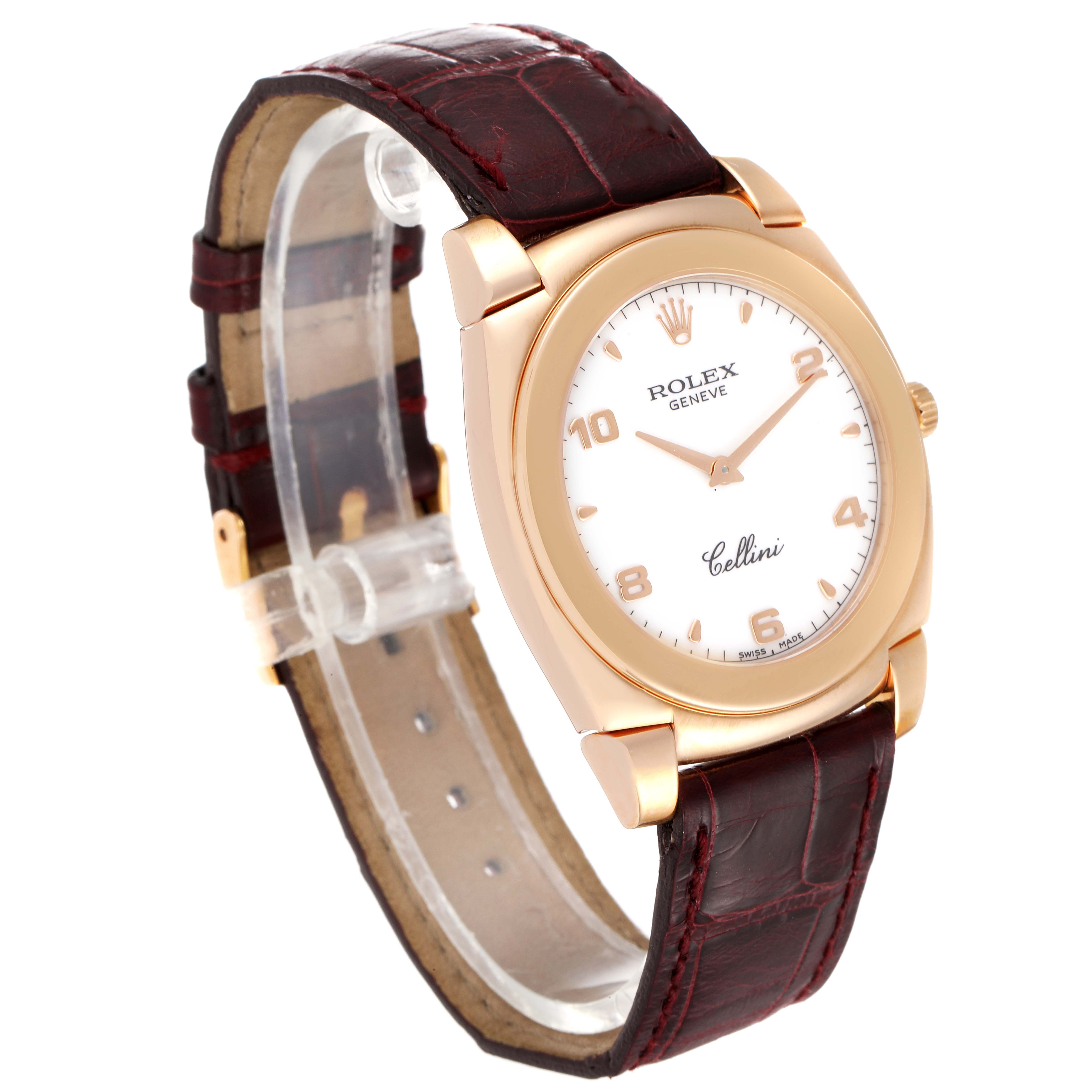 The Rolex Cellini 5330 Men's Rose Gold White Dial 5330 Men's Rose Gold White Dial watch is shown at a slight angle, revealing the face, strap, and side details.