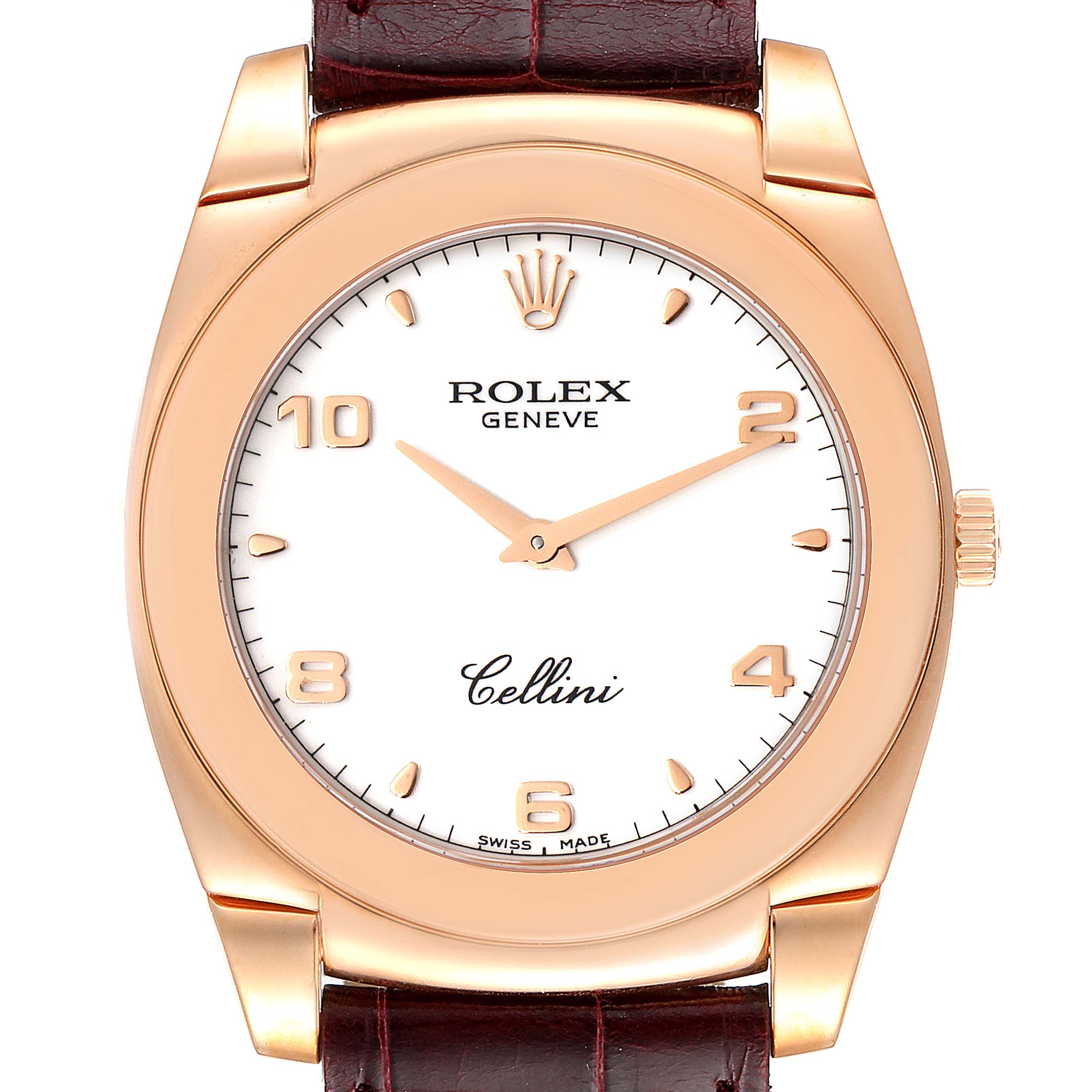 The image shows a Rolex Cellini 5330 Men's Rose Gold White Dial 5330 Men's Rose Gold White Dial watch front view, highlighting its white dial, gold-tone hands, and brown leather strap.