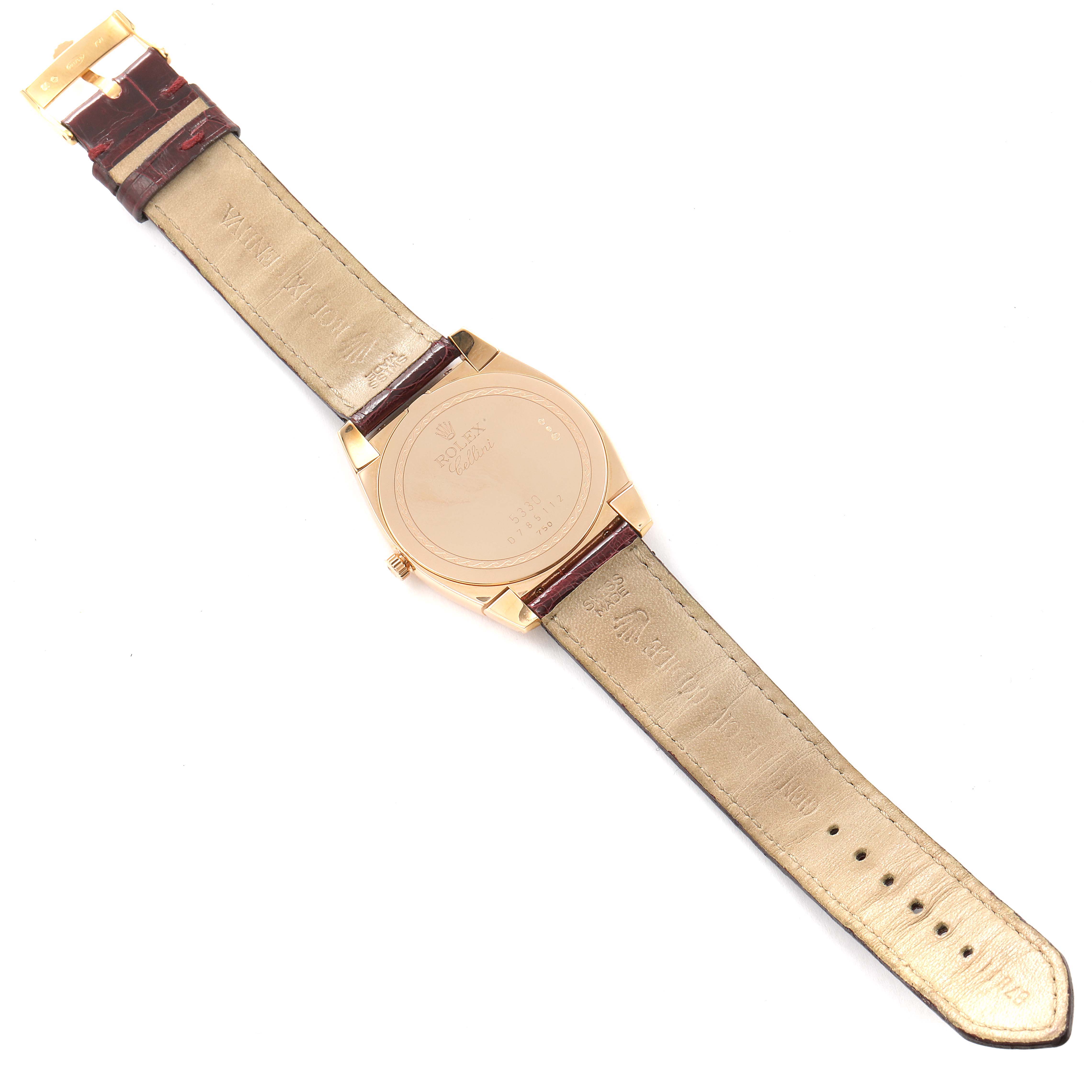 This image shows the back view of a Rolex Cellini 5330 Men's Rose Gold White Dial 5330 Men's Rose Gold White Dial watch, highlighting the case back, leather strap, and clasp.
