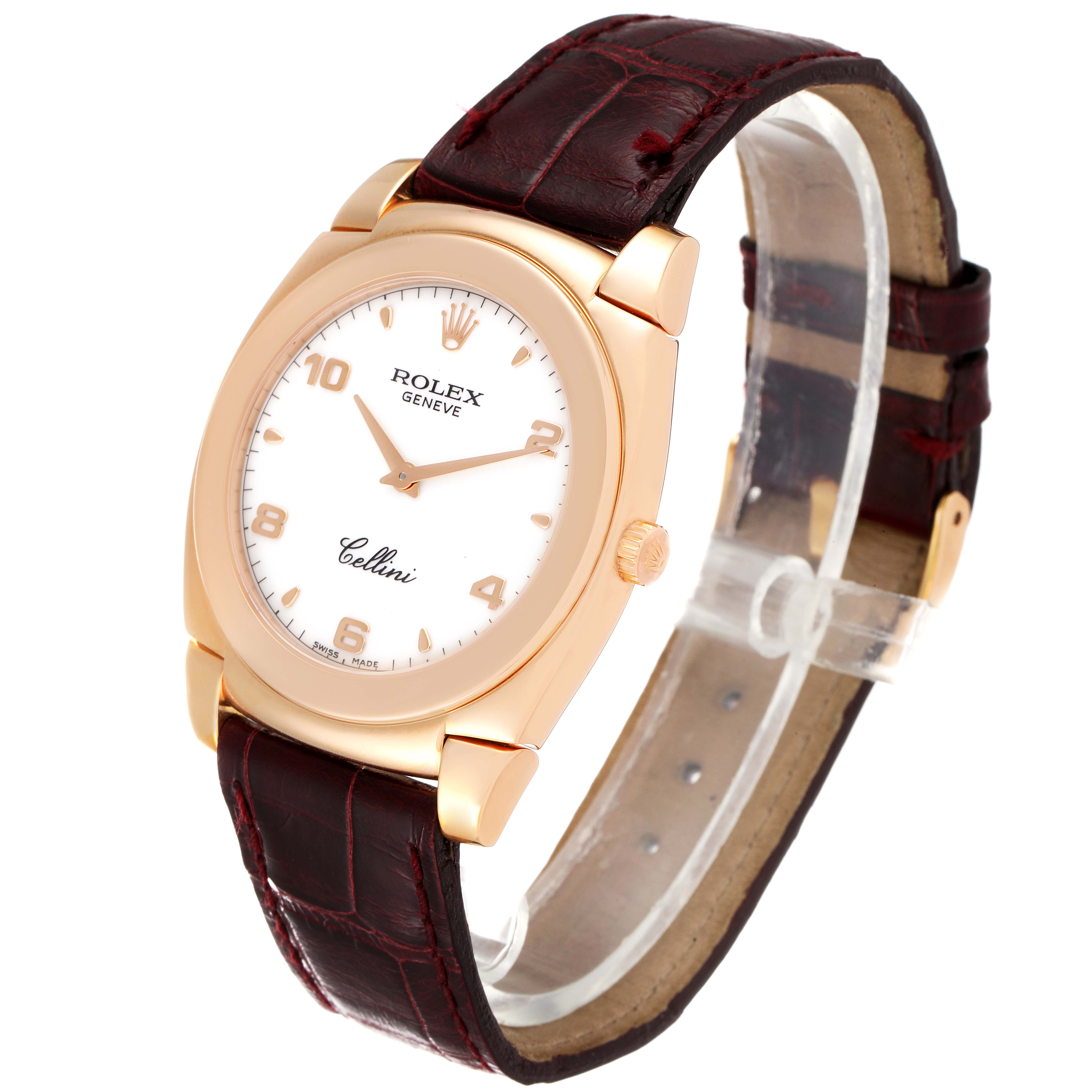 The Rolex Cellini 5330 Men's Rose Gold White Dial 5330 Men's Rose Gold White Dial watch is shown at a slight angle, displaying the dial, leather strap, case, and crown.