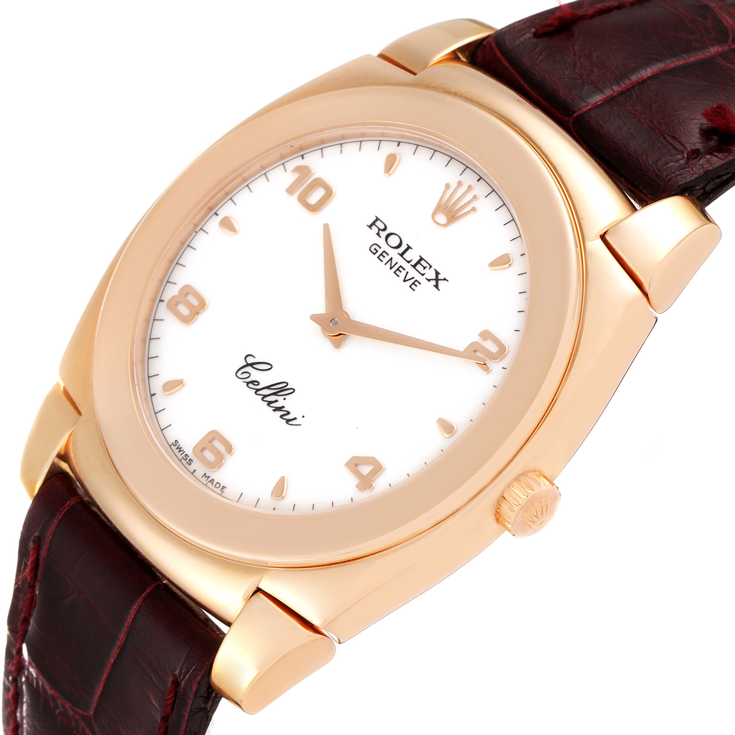 This Rolex Cellini 5330 Men's Rose Gold White Dial 5330 Men's Rose Gold White Dial watch is shown at an angled close-up, highlighting its dial, case, and a portion of the leather strap.