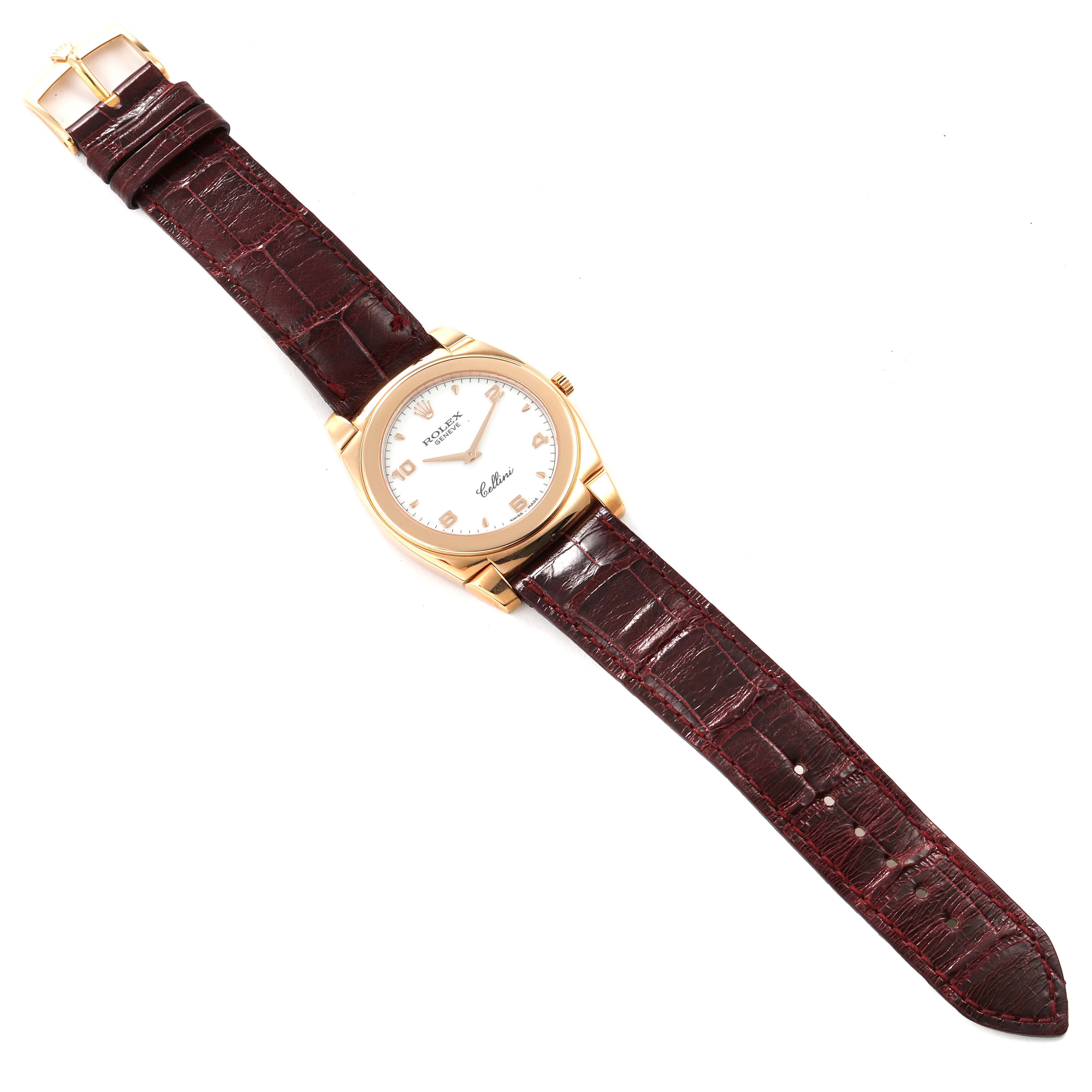 The image shows a full view of a Rolex Cellini 5330 Men's Rose Gold White Dial 5330 Men's Rose Gold White Dial watch with a brown leather strap and a gold case.