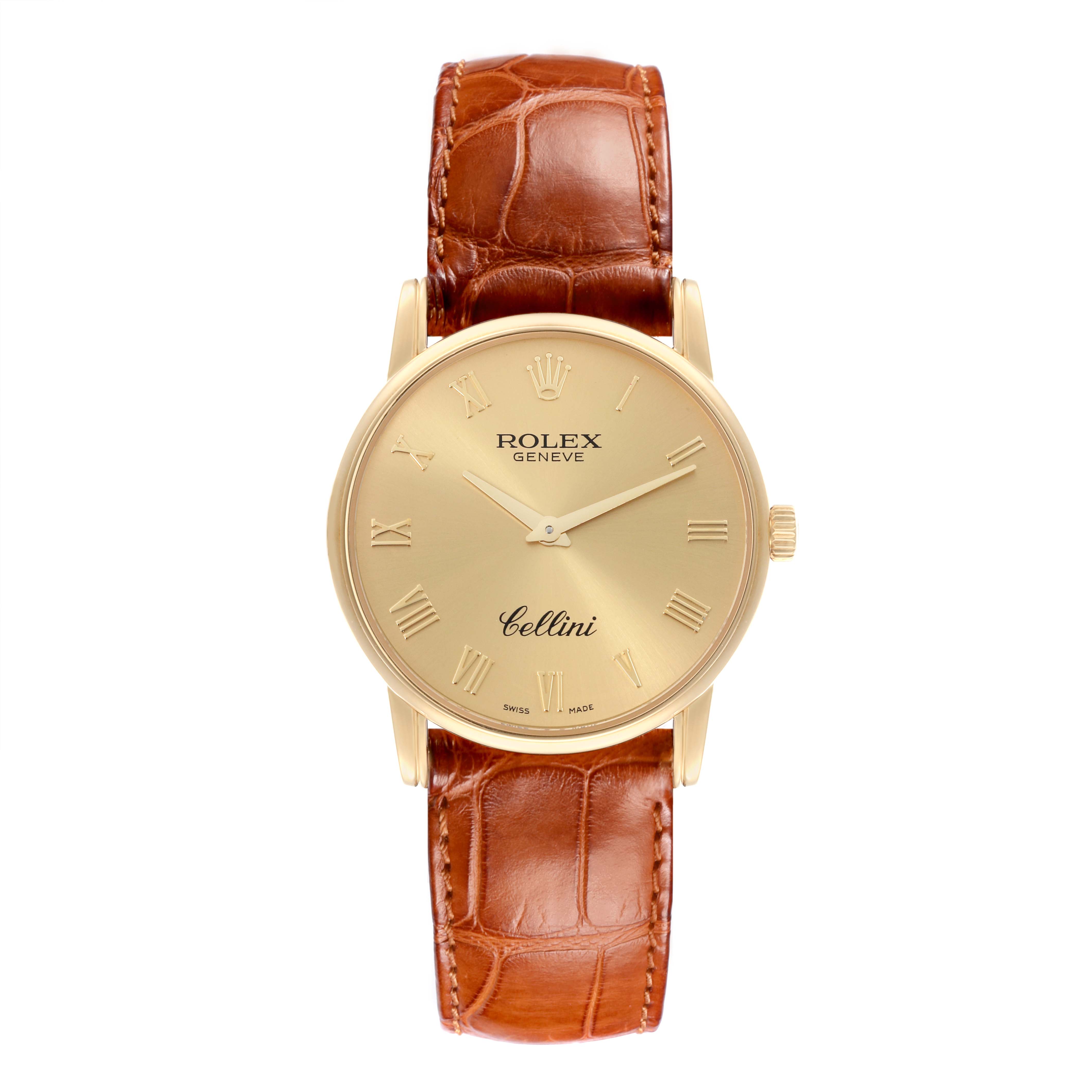 The Rolex Cellini 5116 Men's Yellow Gold Champagne Dial 5116 Men's Yellow Gold Champagne Dial watch is shown from a front angle, displaying the dial, bezel, and leather strap.