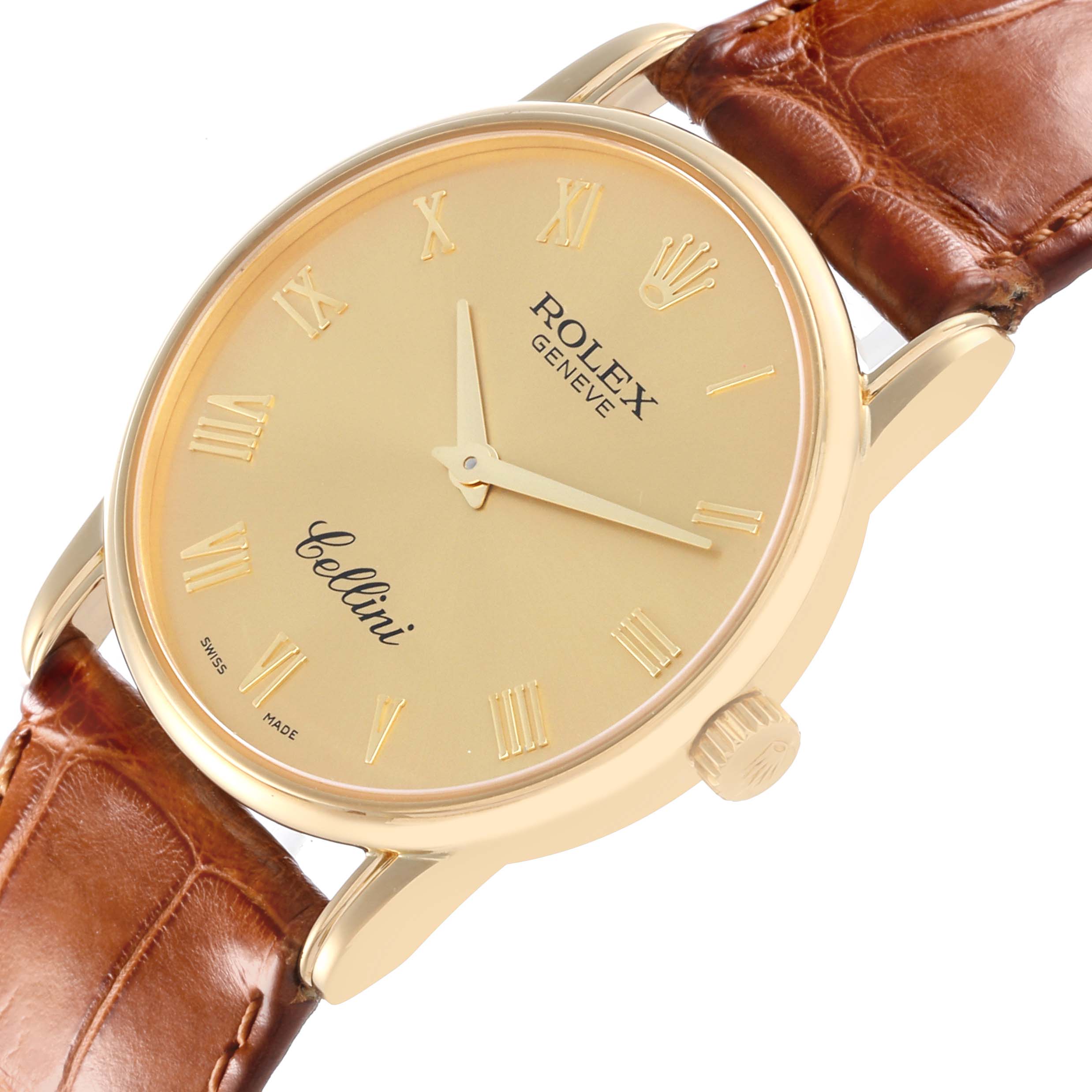 The Rolex Cellini 5116 Men's Yellow Gold Champagne Dial 5116 Men's Yellow Gold Champagne Dial watch is shown at a slight angle featuring its face, crown, and brown leather strap.