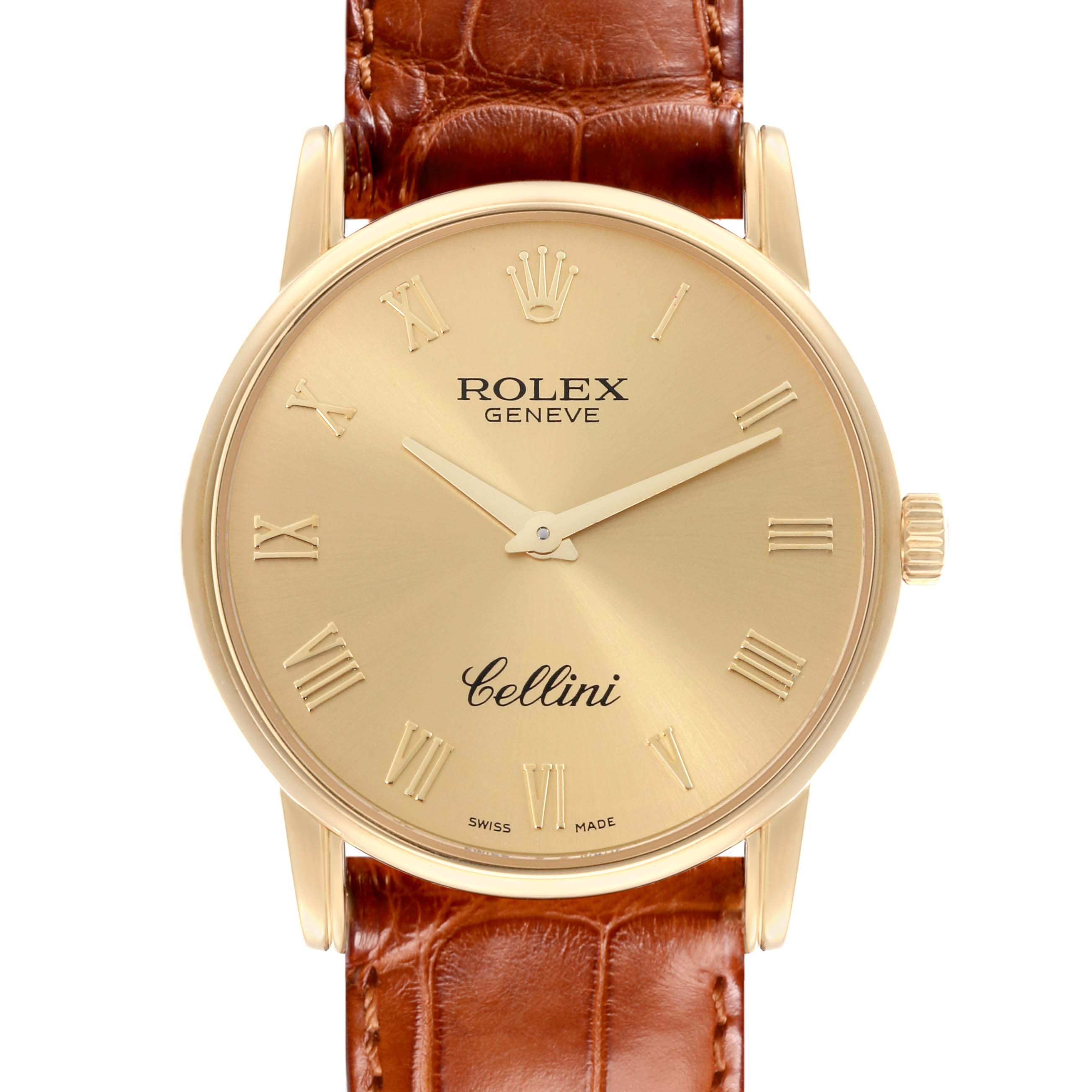The Rolex Cellini 5116 Men's Yellow Gold Champagne Dial 5116 Men's Yellow Gold Champagne Dial watch is shown from a front angle, displaying the dial, Roman numerals, crown, and brown leather strap.