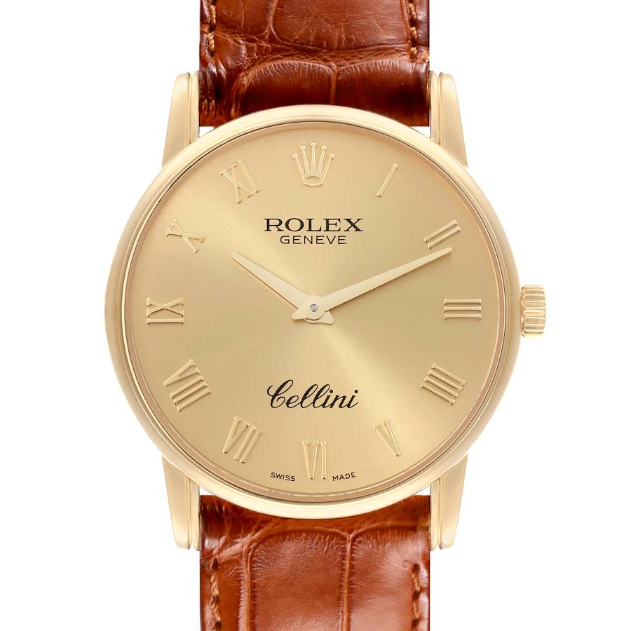 The Rolex Cellini watch is shown from a front angle, displaying the dial, Roman numerals, crown, and brown leather strap.