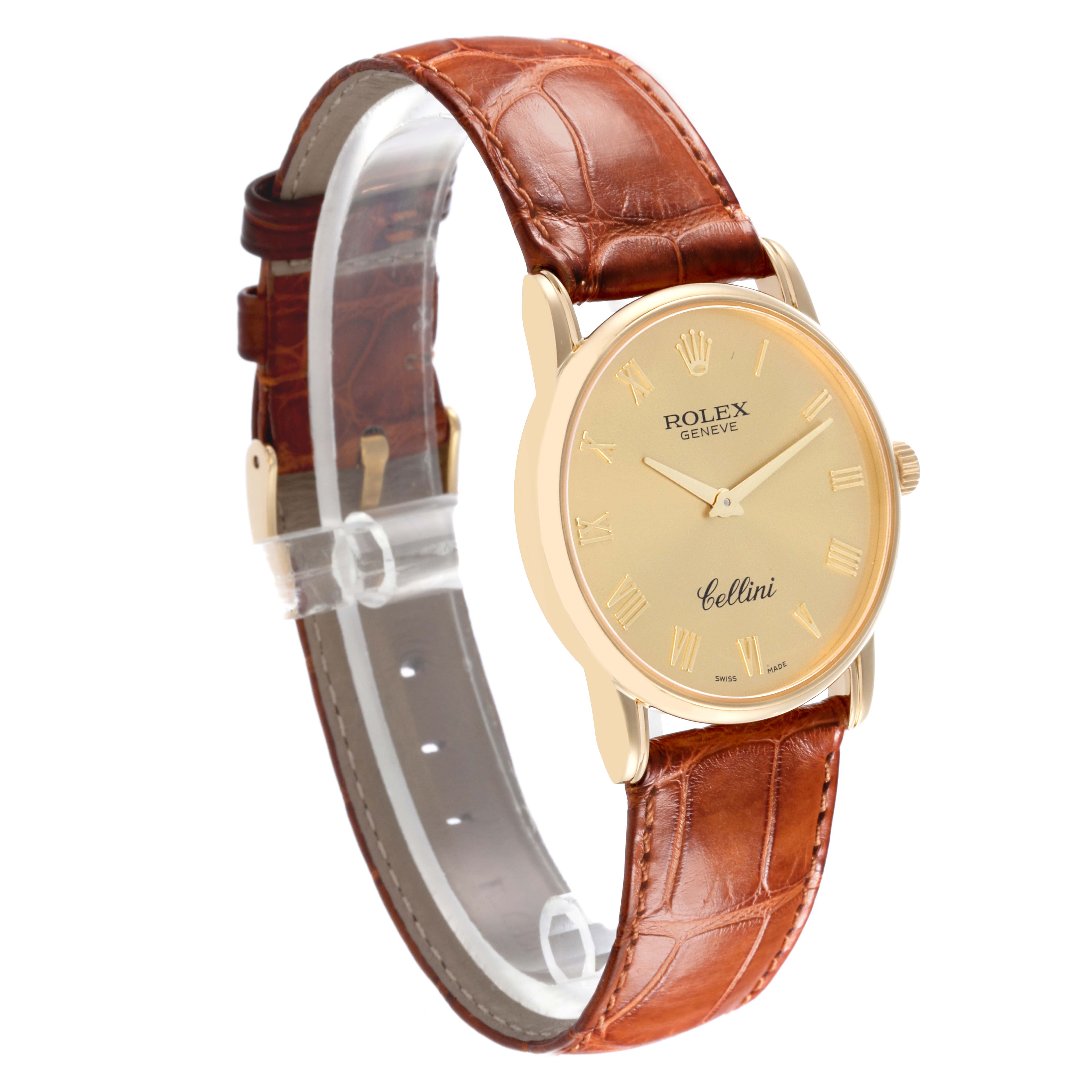 The Rolex Cellini 5116 Men's Yellow Gold Champagne Dial 5116 Men's Yellow Gold Champagne Dial watch is shown at a side angle, highlighting the dial, case, and brown leather strap.