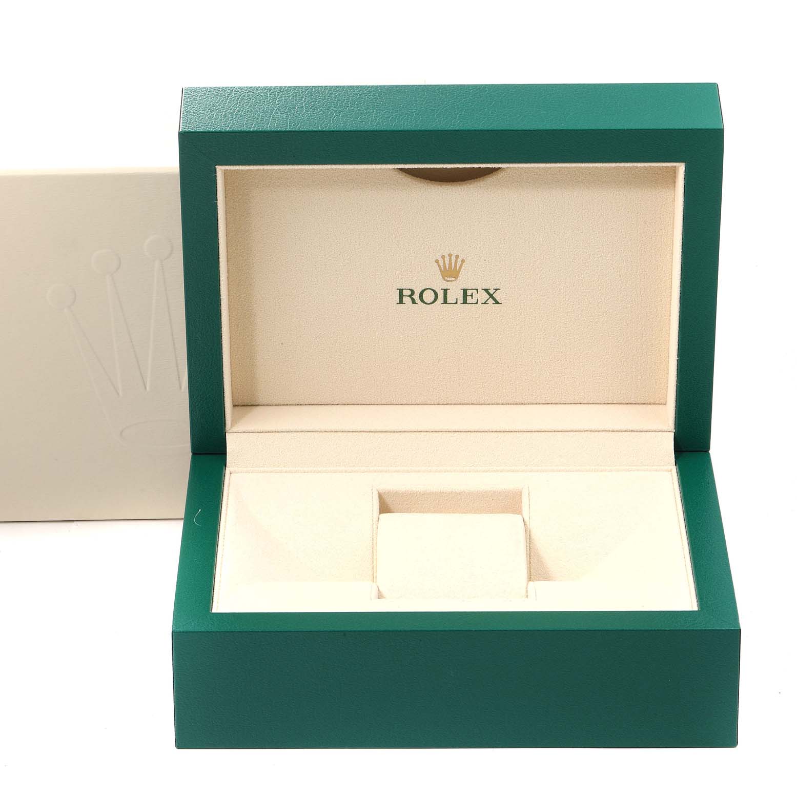 The image shows an open Rolex Cellini 4243 Men's Yellow Gold White Dial 4243 Men's Yellow Gold White Dial watch box with the brand's logo inside.
