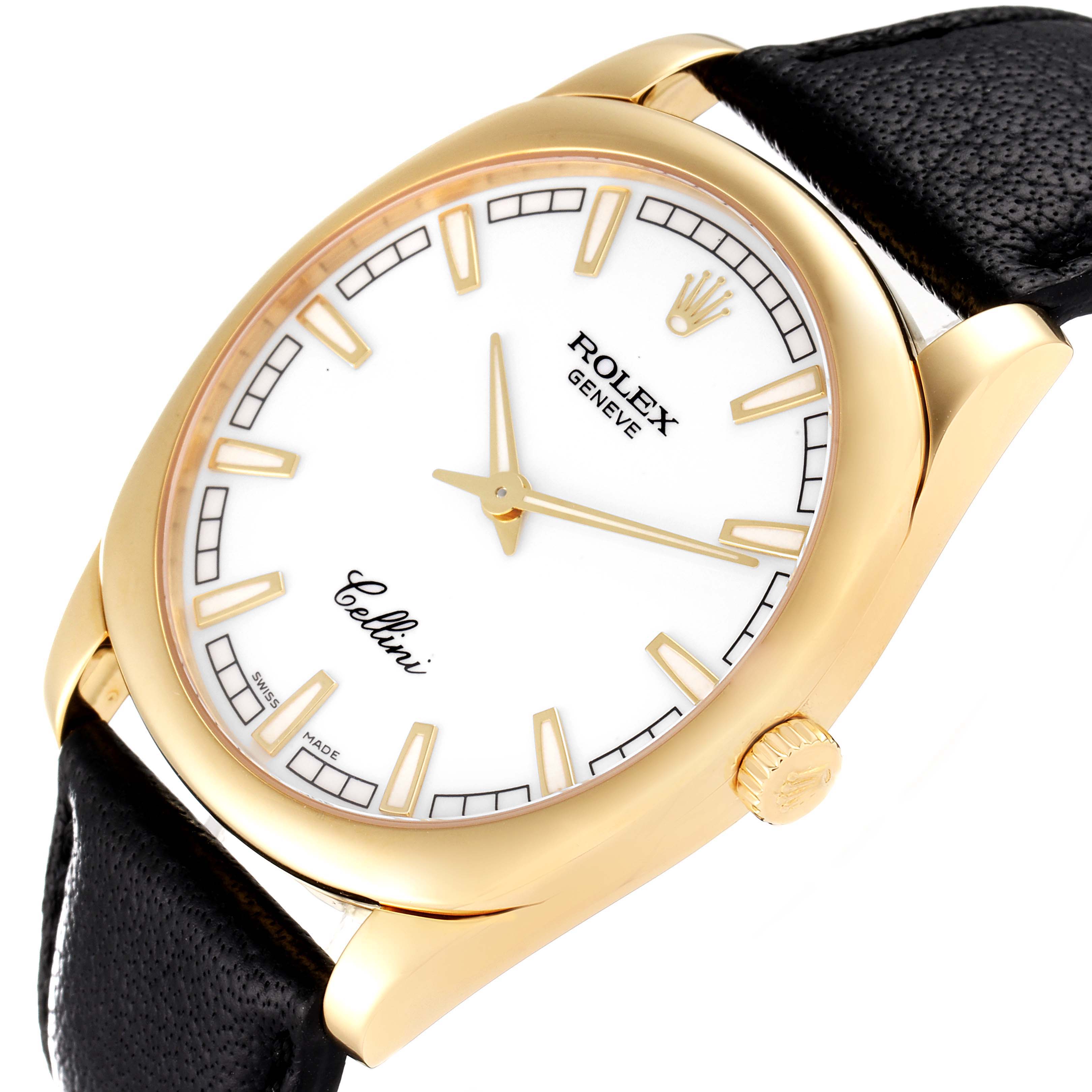 The Rolex Cellini 4243 Men's Yellow Gold White Dial 4243 Men's Yellow Gold White Dial watch is shown at an angled view, highlighting its gold case, white dial, black leather strap, and crown.