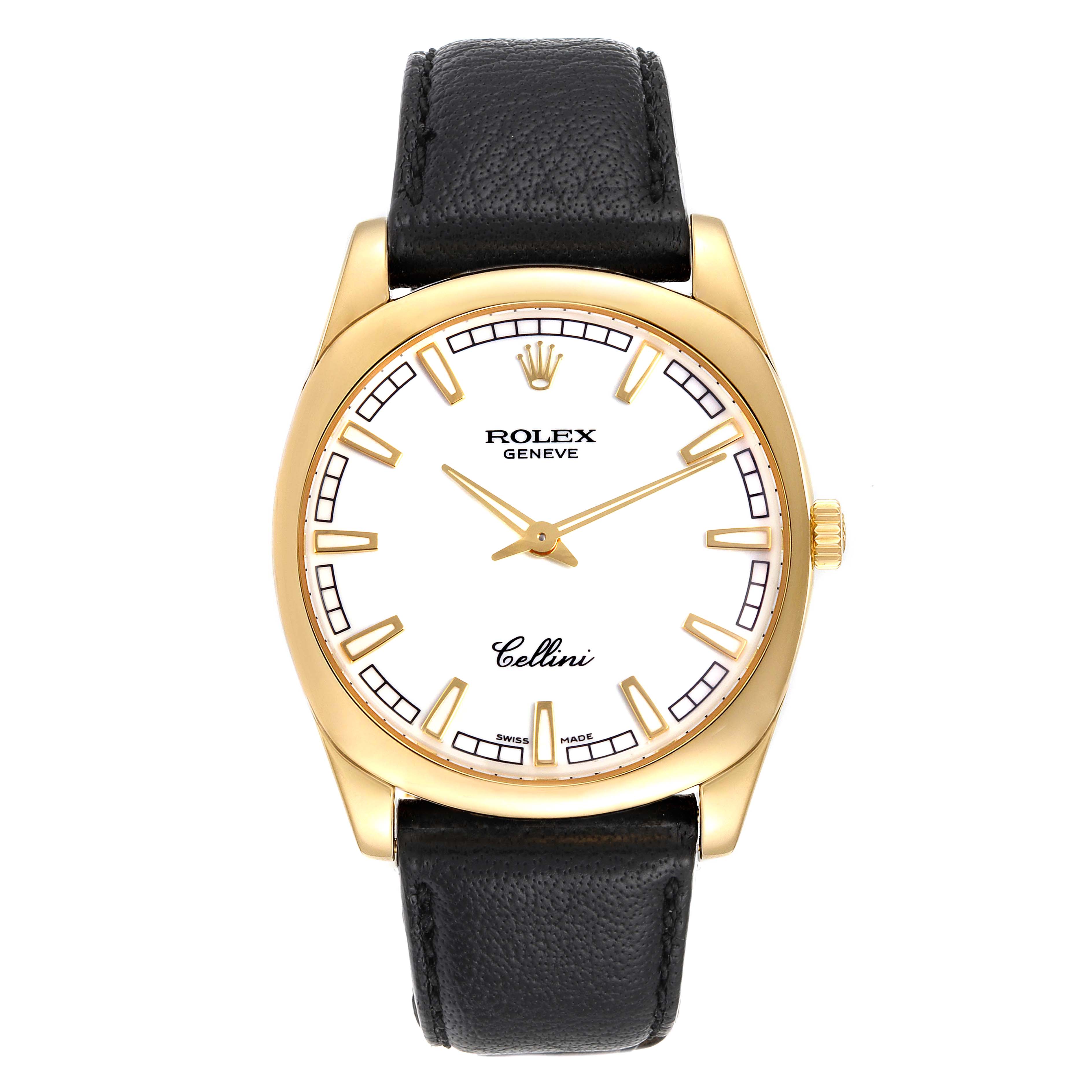 The image shows a front view of a Rolex Cellini 4243 Men's Yellow Gold White Dial 4243 Men's Yellow Gold White Dial watch with a gold case, white dial, and black leather strap.