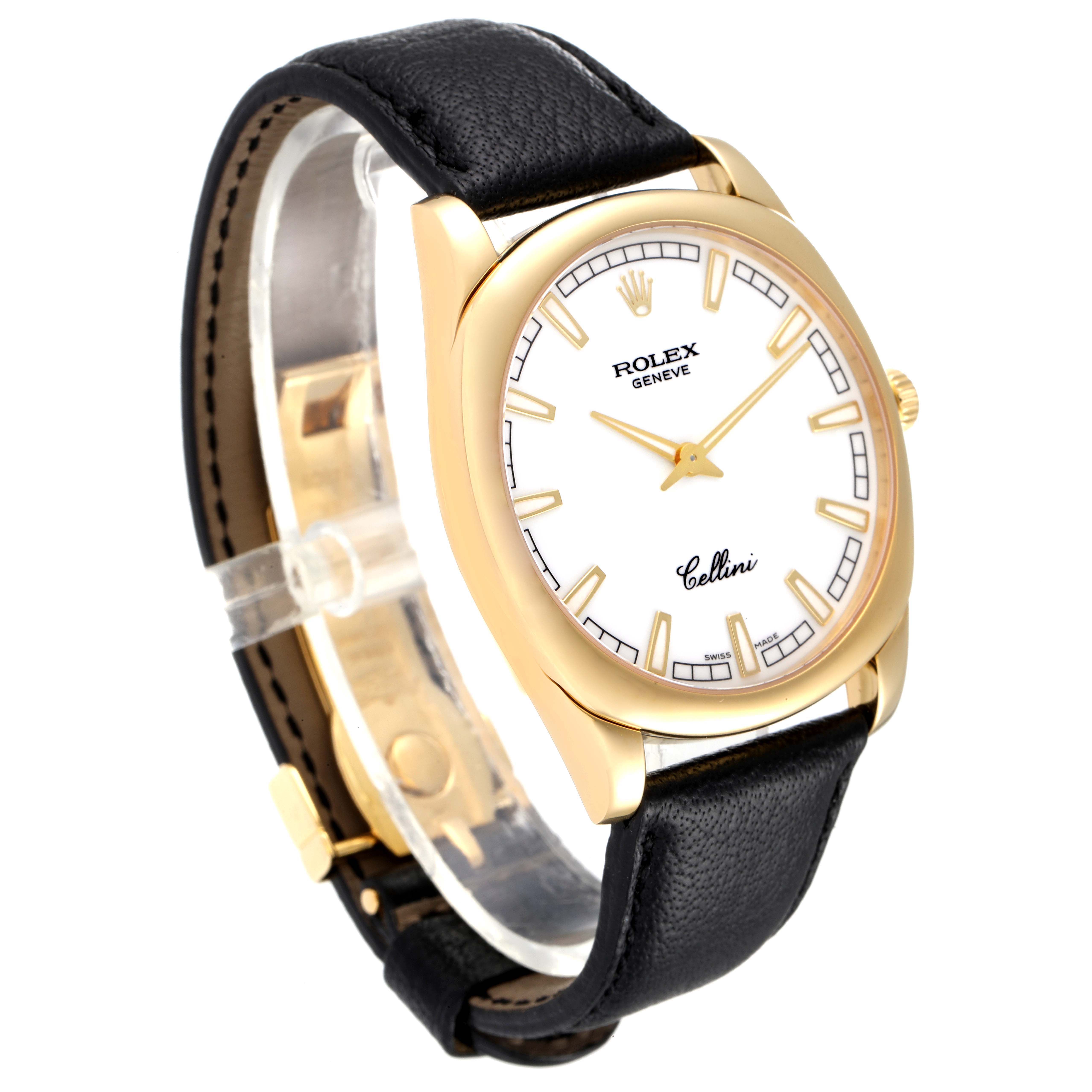 The image shows a Rolex Cellini 4243 Men's Yellow Gold White Dial 4243 Men's Yellow Gold White Dial watch at an angle slightly left to front, displaying the watch face and black leather strap.