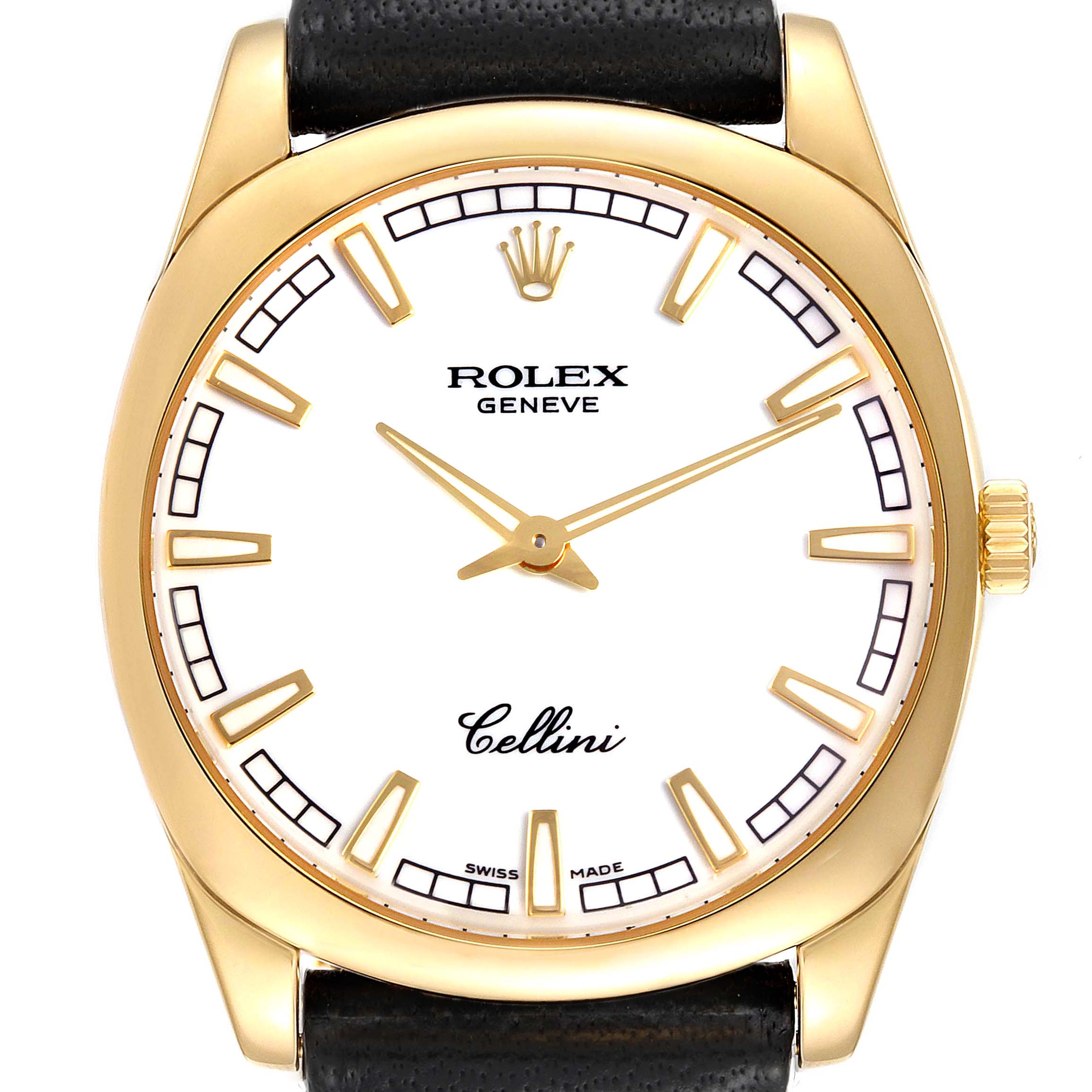 The image shows a frontal view of the Rolex Cellini 4243 Men's Yellow Gold White Dial 4243 Men's Yellow Gold White Dial watch, highlighting the face, hands, crown, and part of the strap.