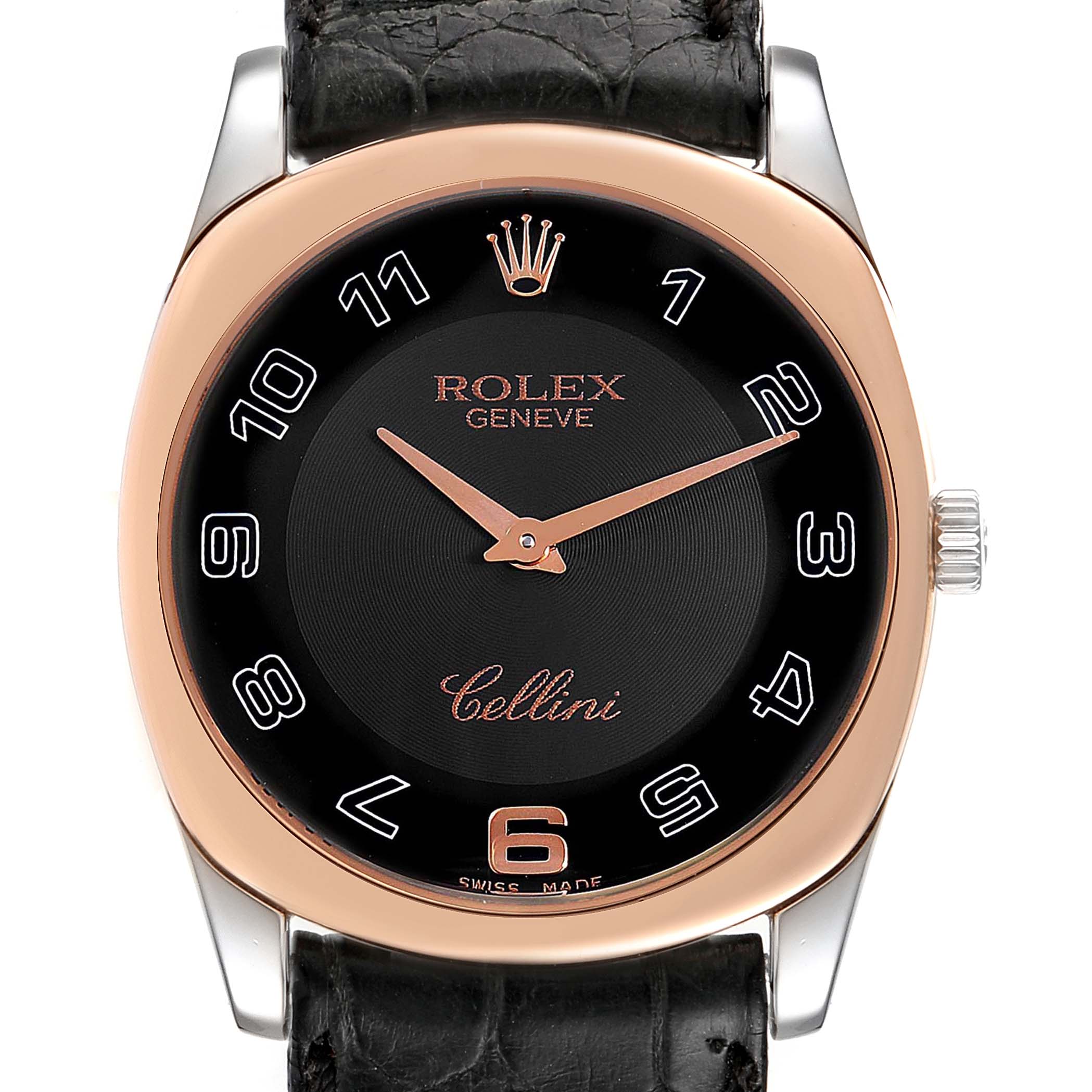 This image shows a front view of the Rolex Cellini 4233 Men
s White Gold Black Dial 4233 Men
s White Gold Black Dial watch, highlighting the dial, hands, and part of the strap.