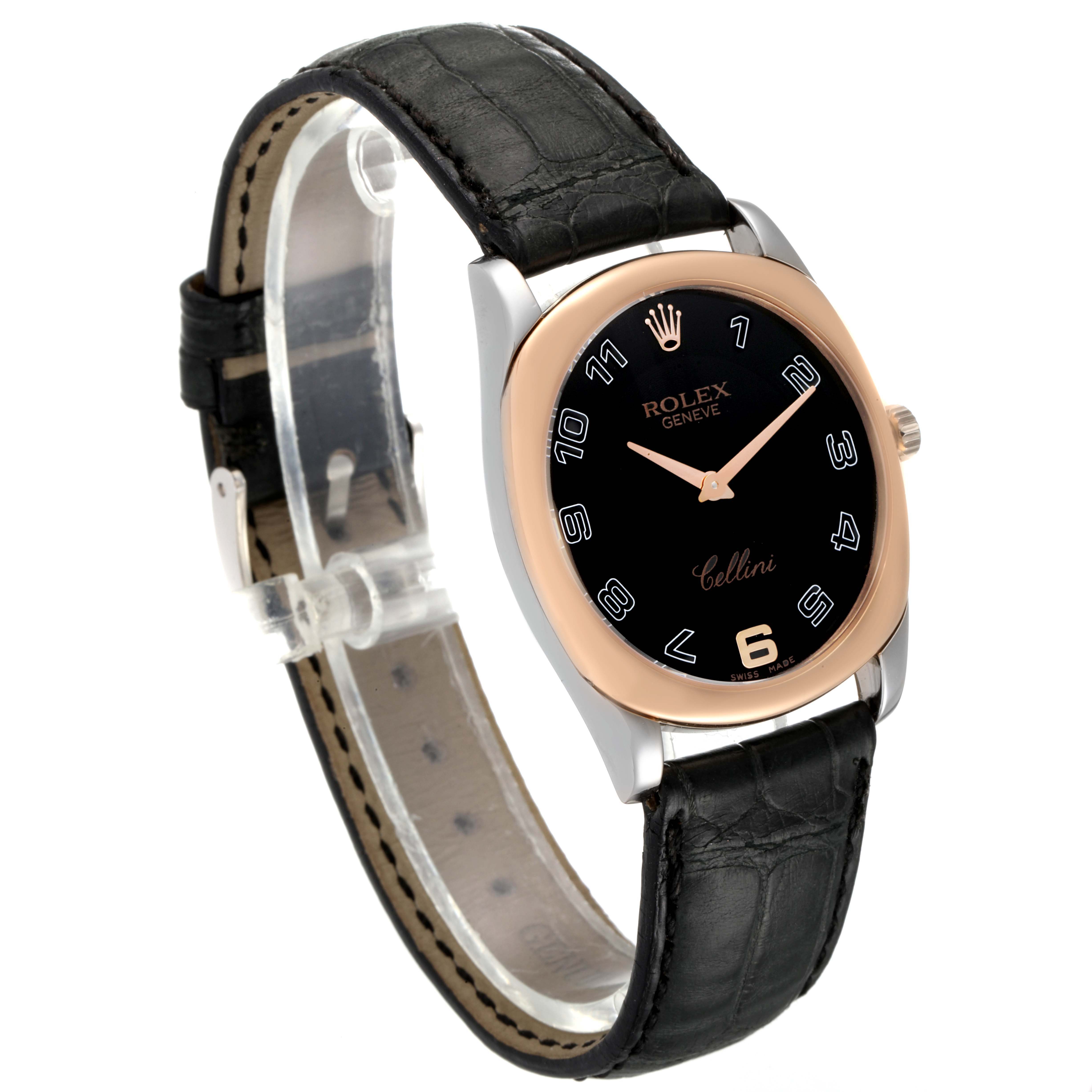 The image shows a Rolex Cellini 4233 Men
s White Gold Black Dial 4233 Men
s White Gold Black Dial model watch at a slight angle, highlighting the black dial, gold bezel, and leather strap.