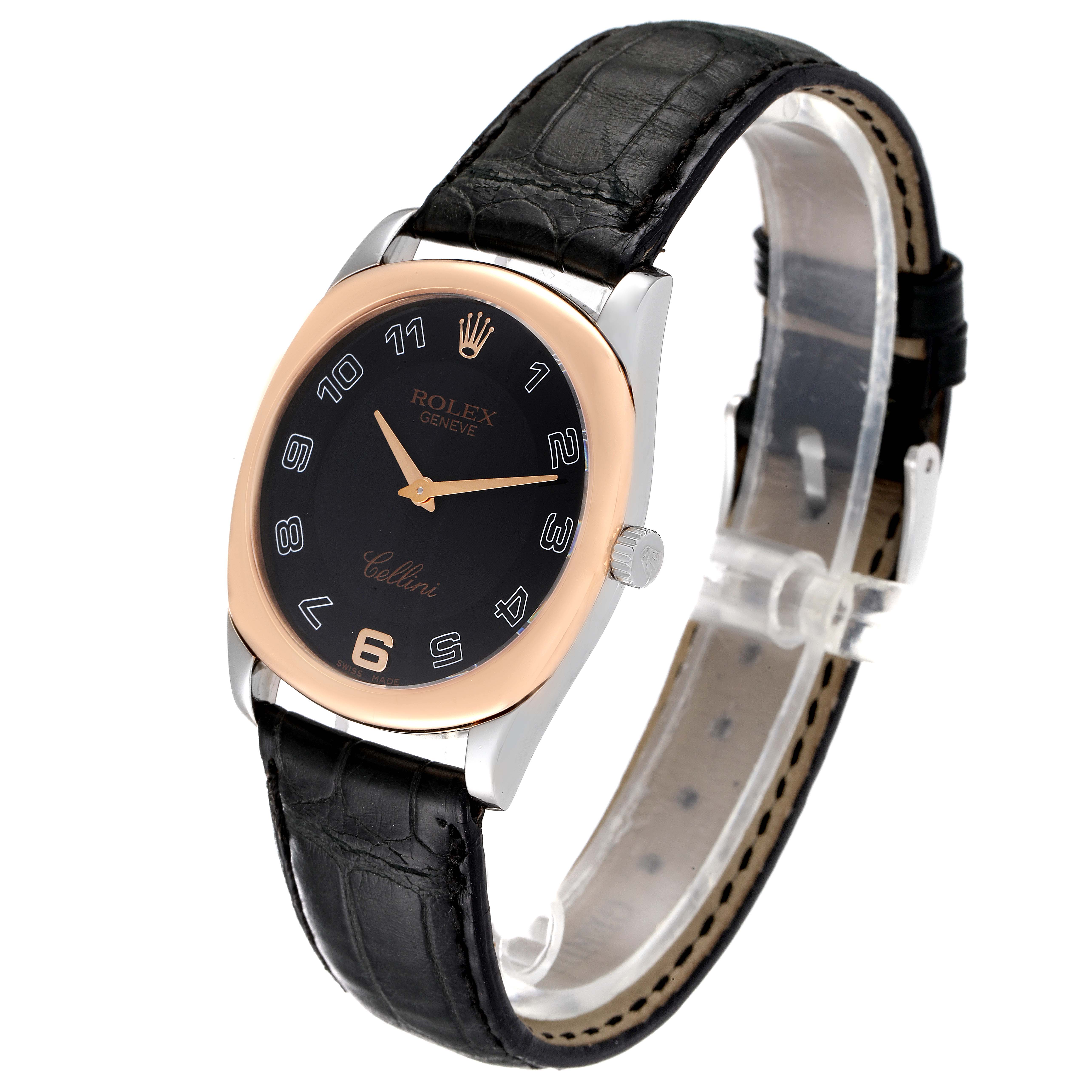 The Rolex Cellini 4233 Men
s White Gold Black Dial 4233 Men
s White Gold Black Dial watch is shown at an angled side view, highlighting the black dial, rose gold bezel, and black leather strap.