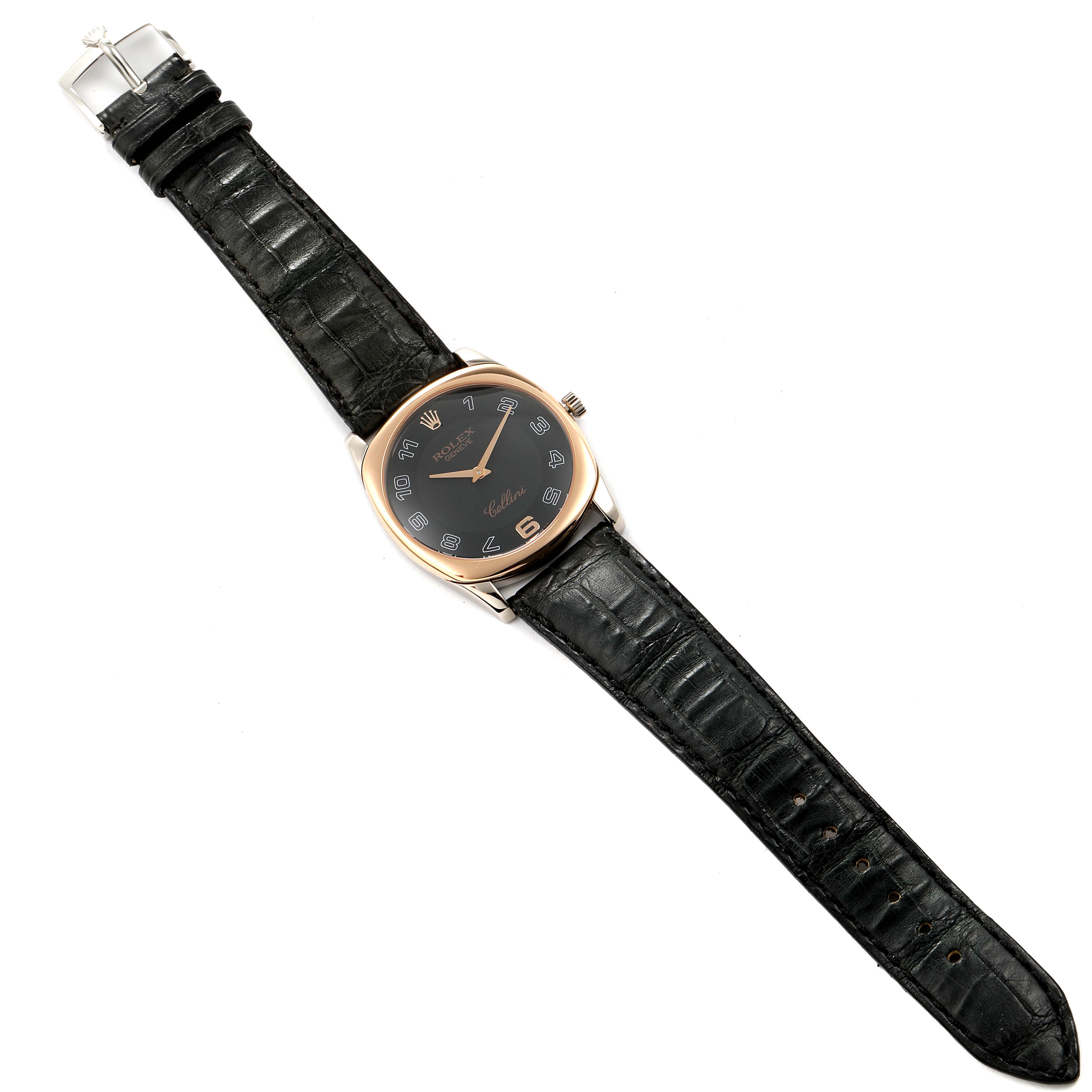The Rolex Cellini 4233 Men
s White Gold Black Dial 4233 Men
s White Gold Black Dial watch is shown from a top-down angle, displaying the face, bezel, and entire leather strap.
