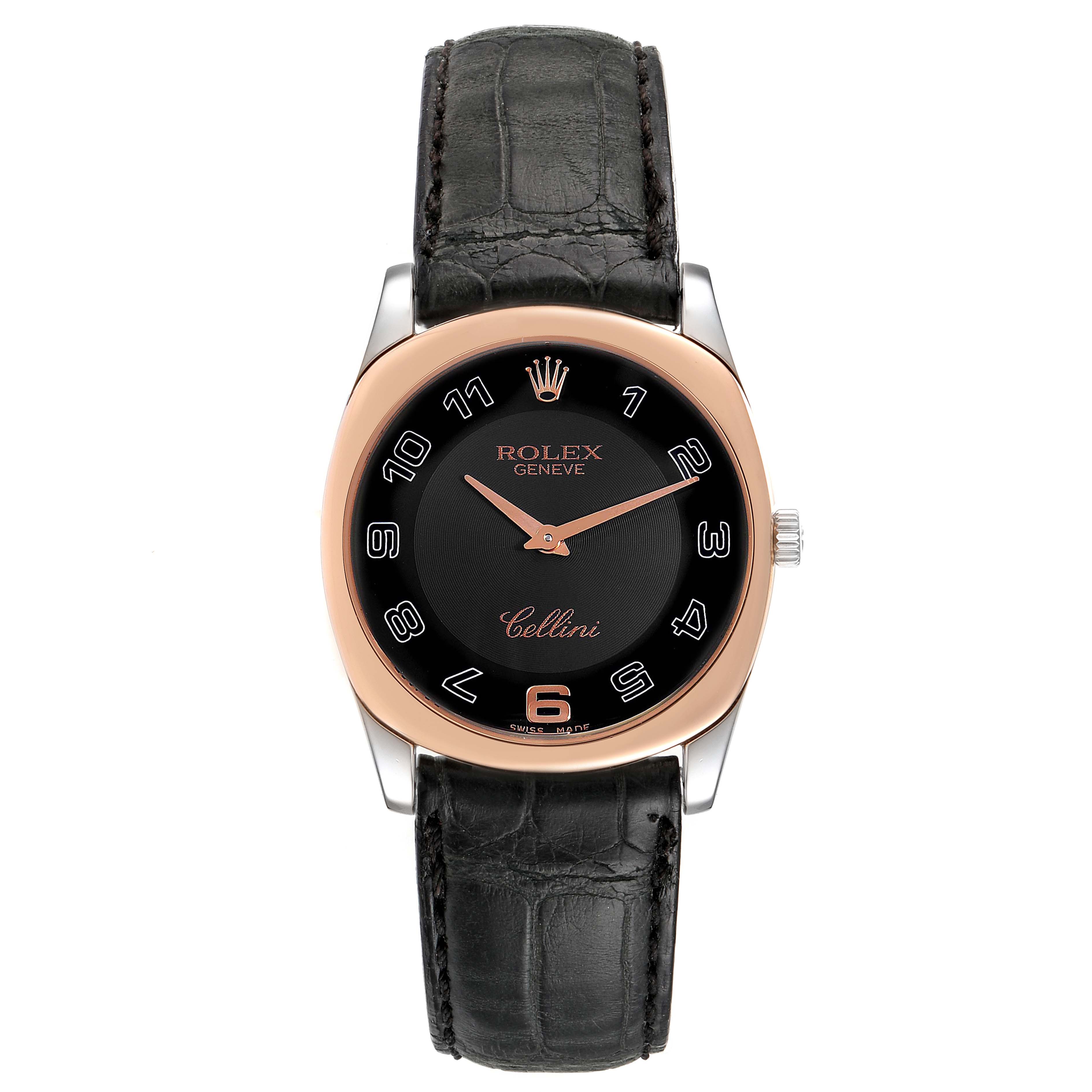 The image shows a front view of the Rolex Cellini 4233 Men
s White Gold Black Dial 4233 Men
s White Gold Black Dial model watch with a black dial, gold bezel, and black leather strap.