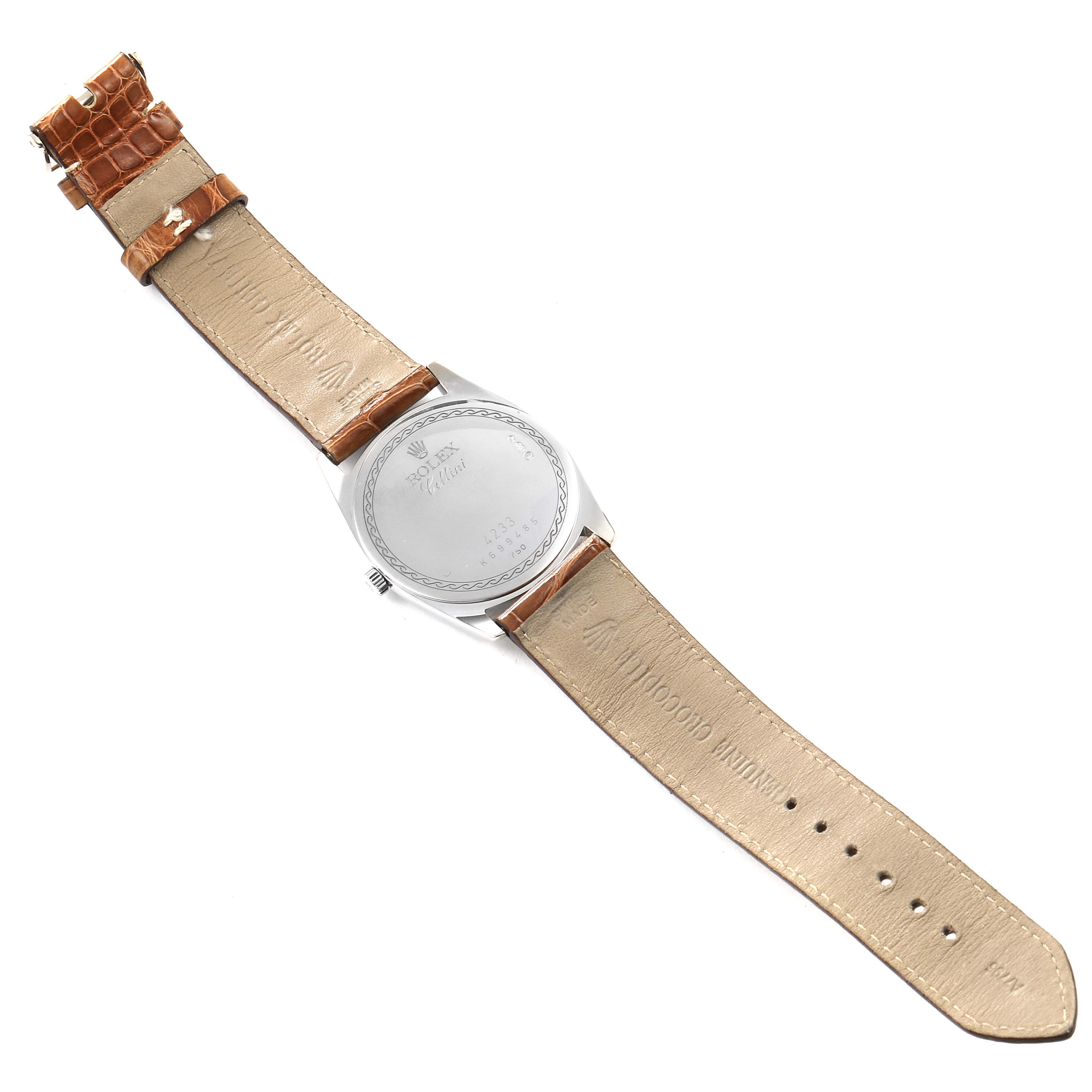 The image shows the back view of a Rolex Cellini 4233 Men's White Gold Black Dial 4233 Men's White Gold Black Dial watch, highlighting the case back and leather strap.