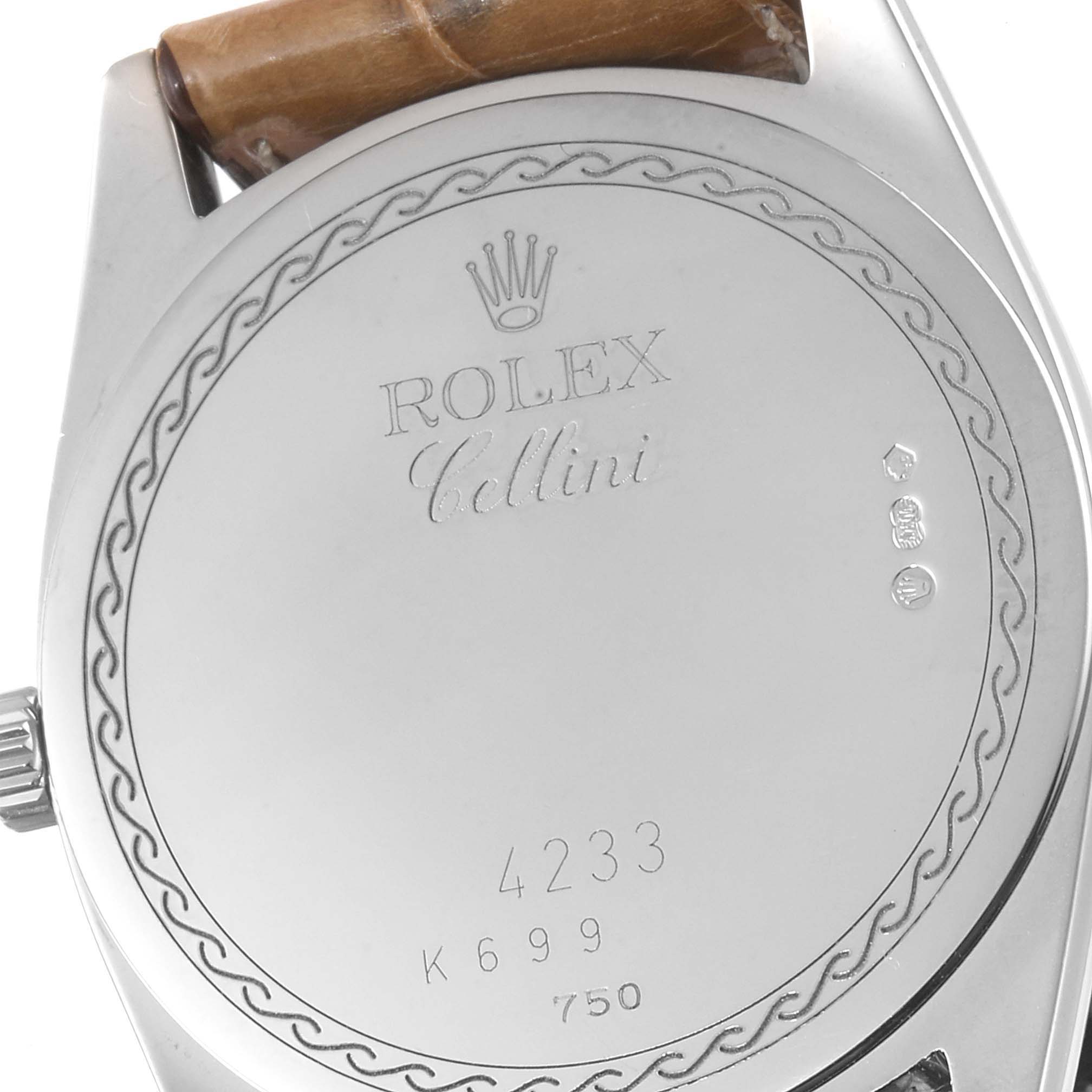 The image shows the engraved case back and part of the strap of a Rolex Cellini 4233 Men's White Gold Black Dial 4233 Men's White Gold Black Dial watch.