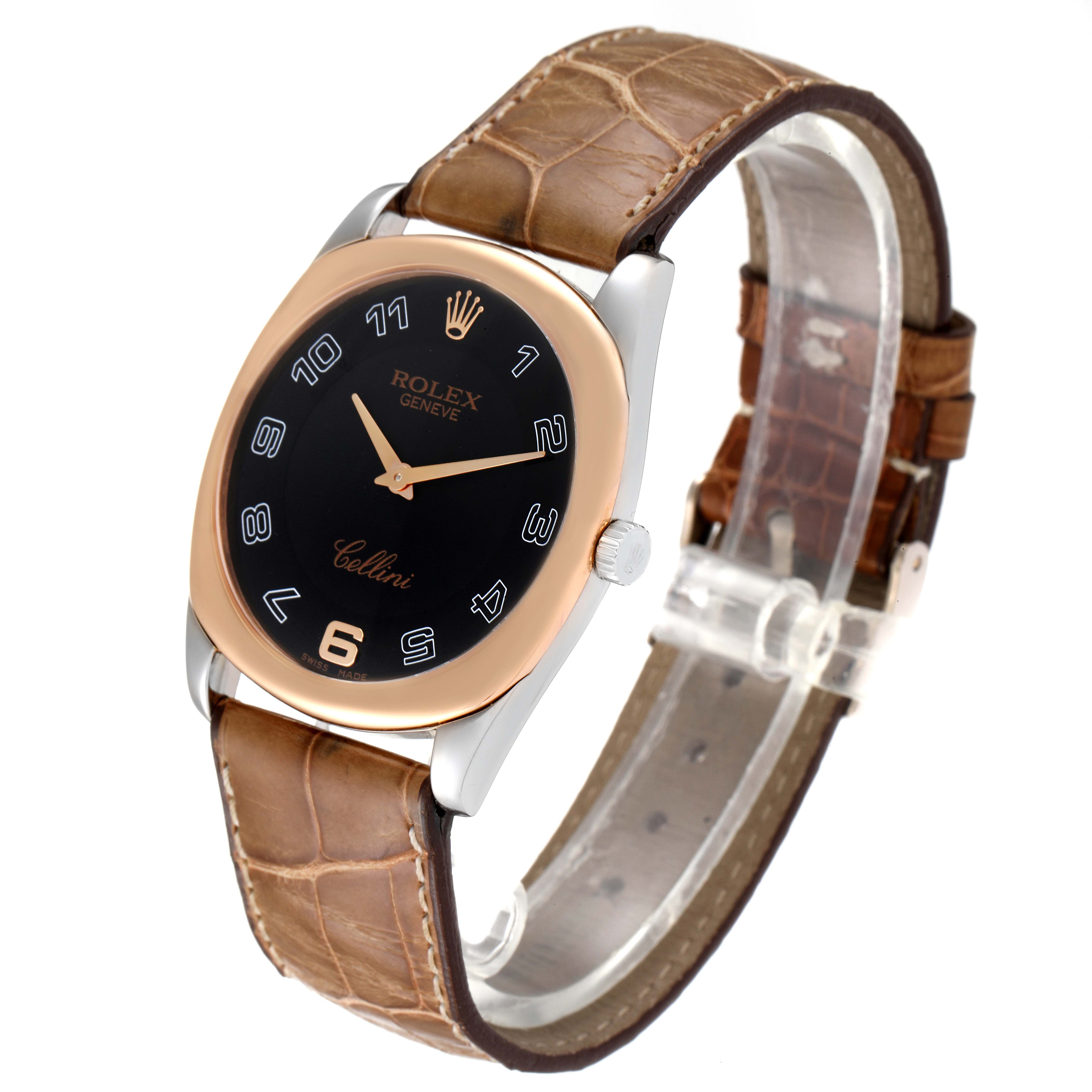 The Rolex Cellini 4233 Men's White Gold Black Dial 4233 Men's White Gold Black Dial watch is shown at a slight angle, featuring a black dial, rose gold bezel, and a brown leather strap.