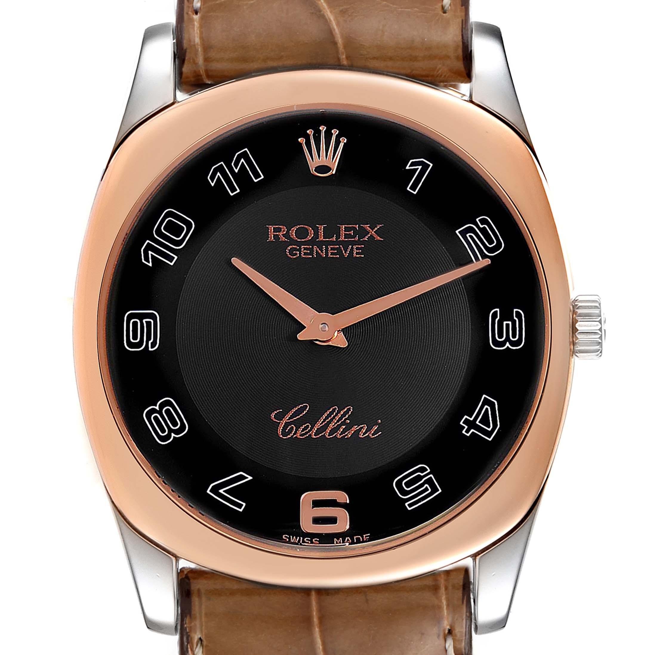 This image shows a frontal view of the Rolex Cellini 4233 Men's White Gold Black Dial 4233 Men's White Gold Black Dial watch, featuring its dial, hands, and part of the strap.