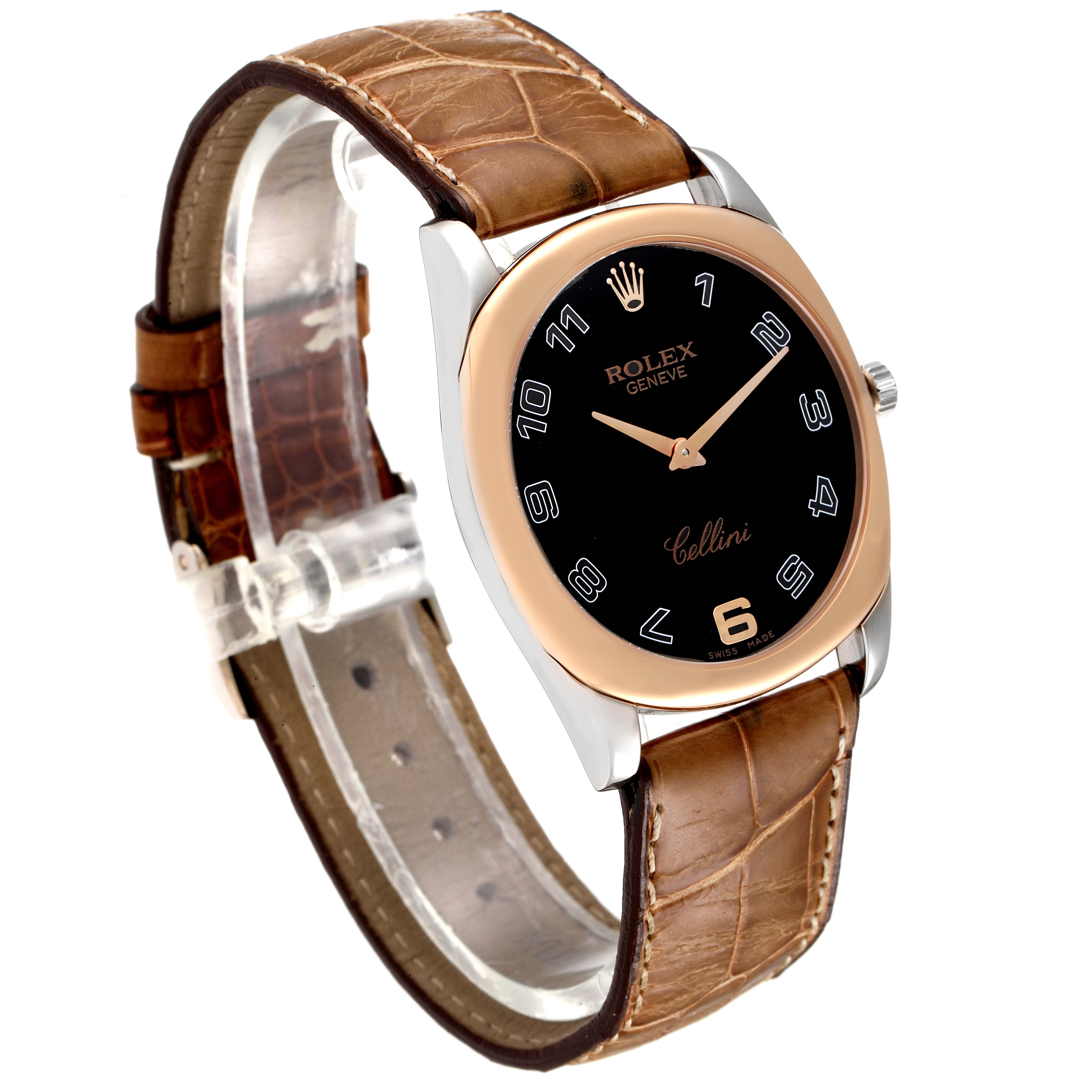 This image shows a Rolex Cellini 4233 Men's White Gold Black Dial 4233 Men's White Gold Black Dial watch at a three-quarter angle, showcasing the dial, bezel, and leather strap.