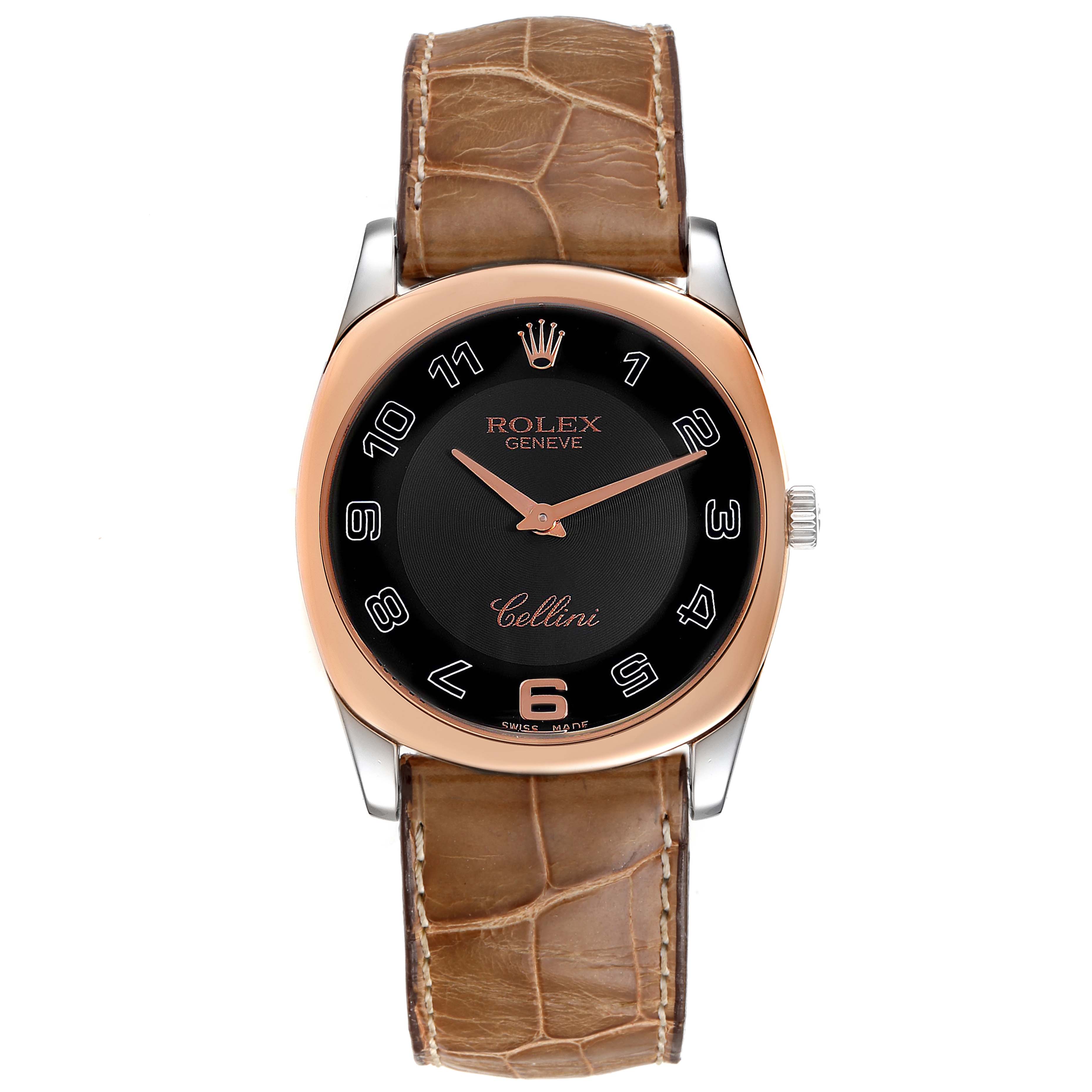 The image shows a Rolex Cellini 4233 Men's White Gold Black Dial 4233 Men's White Gold Black Dial watch front-on, highlighting its face, crown, case, and leather strap.