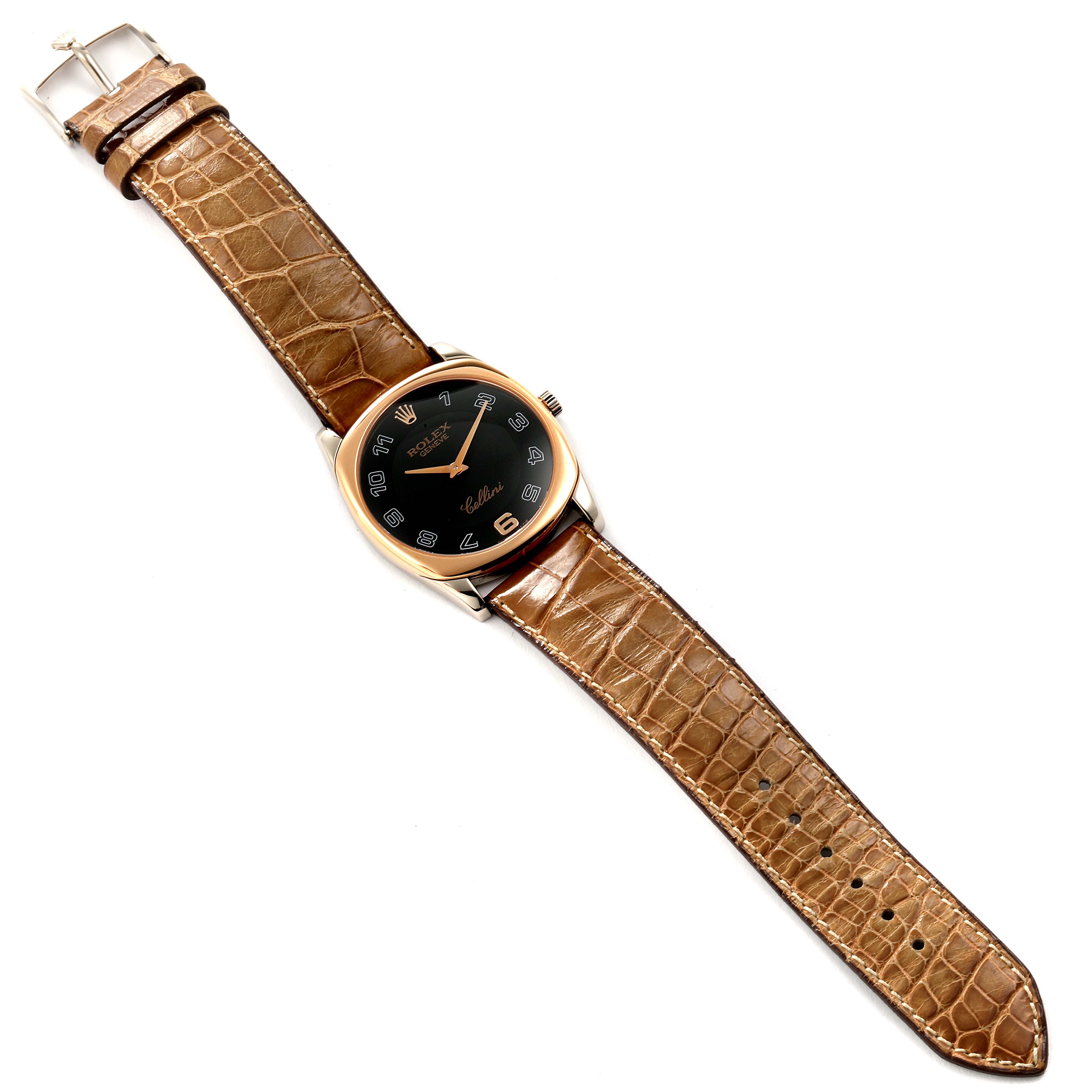 The image shows a top view of a Rolex Cellini 4233 Men's White Gold Black Dial 4233 Men's White Gold Black Dial watch with a black dial and a brown leather strap.